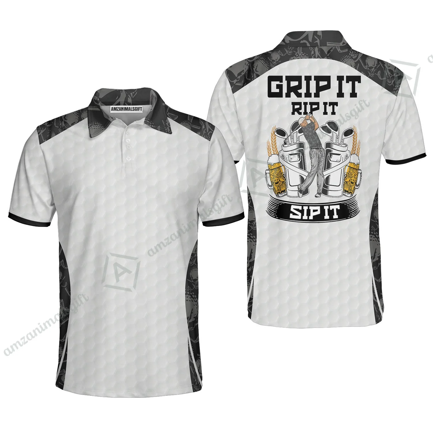 Golf T-Shirt - Golf Ball Pattern Skull, Grip It Rip It Sip It Golf White T-Shirt - Image 9