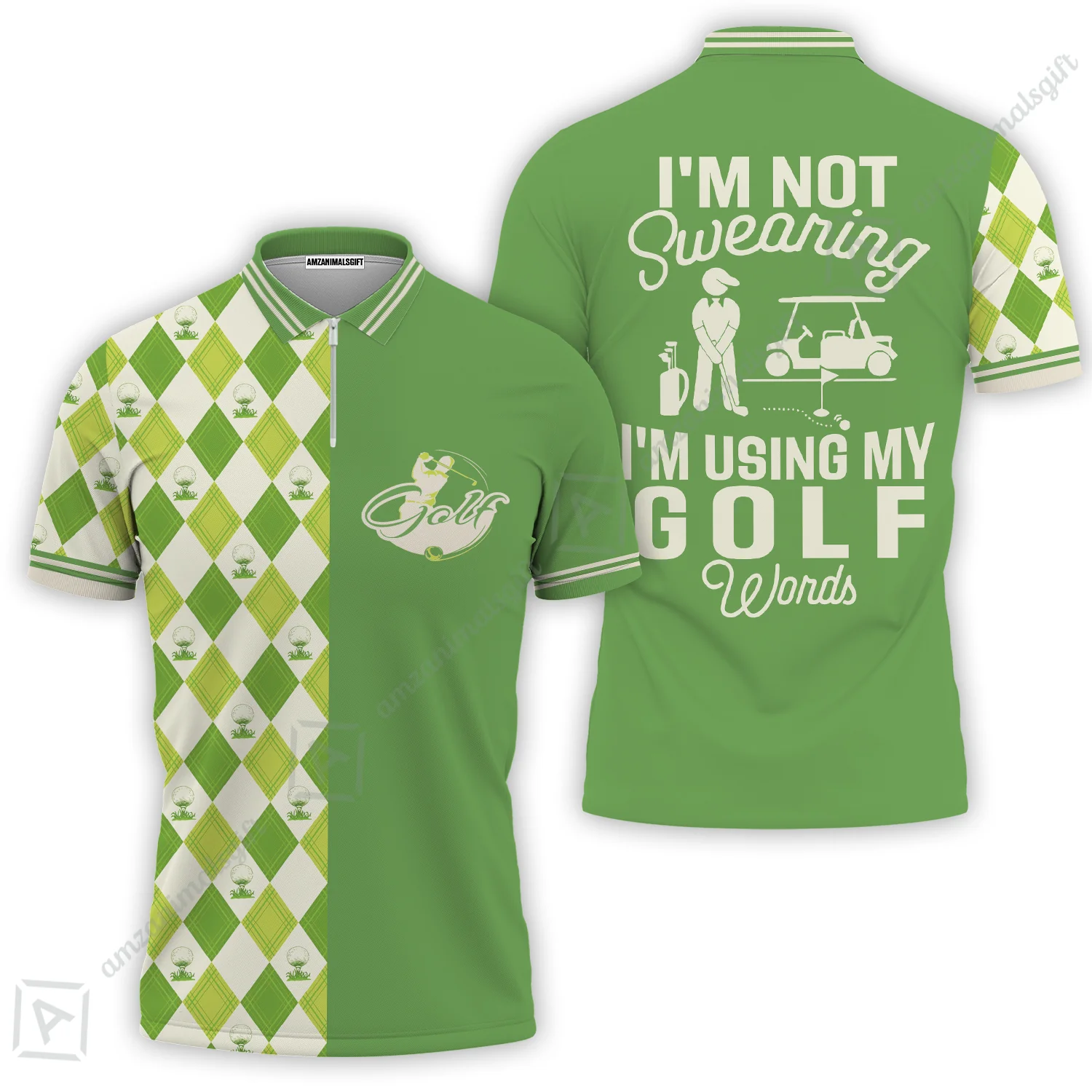 Golf Men Polo Shirt, I'm Not Swearing I'm Using My Golf Words Polo Shirt, Green Argyle Pattern Polo Shirt - Image 4