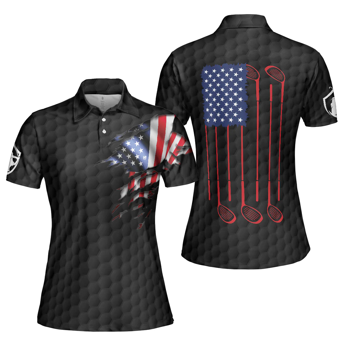 Golf Women Polo Shirt, American Flag Ladies Golf Shirt, Women Golfer Black Polo Shirt - Gift For Golfers, Golfer Lovers - Image 2