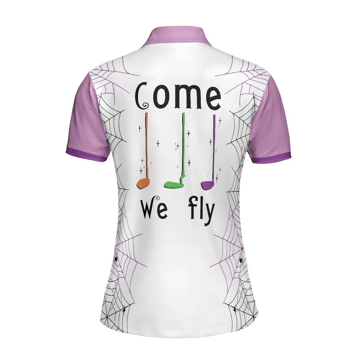 Golf Women Polo Shirt, Come We Fly, Golf Ball Witch Halloween Purple Women Polo Shirts, Halloween Gift For Golfers, Golf Lovers, Ladies - Image 3