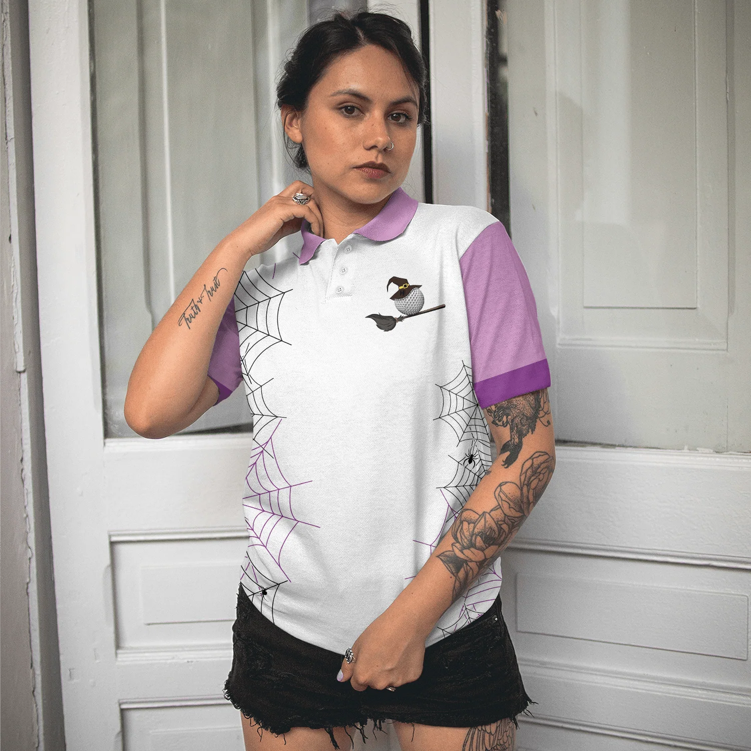 Golf Women Polo Shirt, Come We Fly, Golf Ball Witch Halloween Purple Women Polo Shirts, Halloween Gift For Golfers, Golf Lovers, Ladies - Image 5