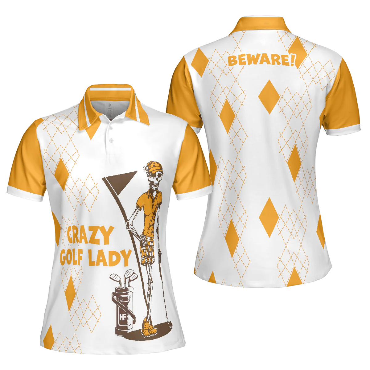 Golf Women Polo Shirt, Crazy Golf Lady Skull, White And Yellow Women Polo Shirts, Funny Golf Gift For Female Golfers, Golf Lovers, Ladies - Image 2