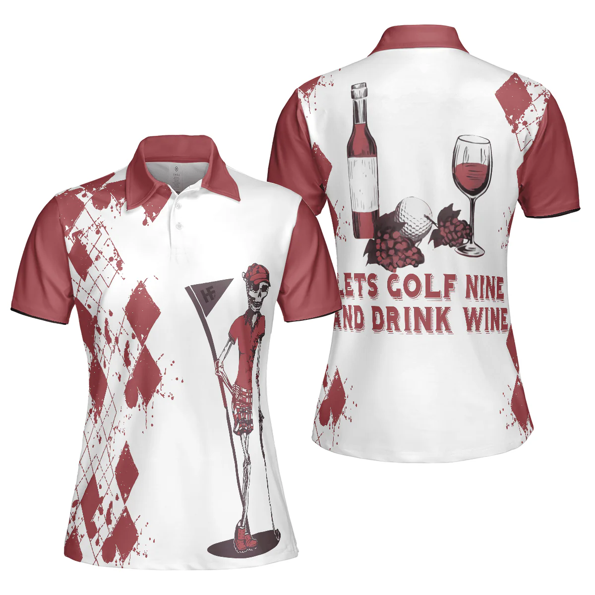 Golf Women Polo Shirt, Golf And Wine Skeleton Argyle Pattern Women Polo Shirts, Golfers Gift For Ladies, Let's Golf Nine And Drink Wine - Image 2