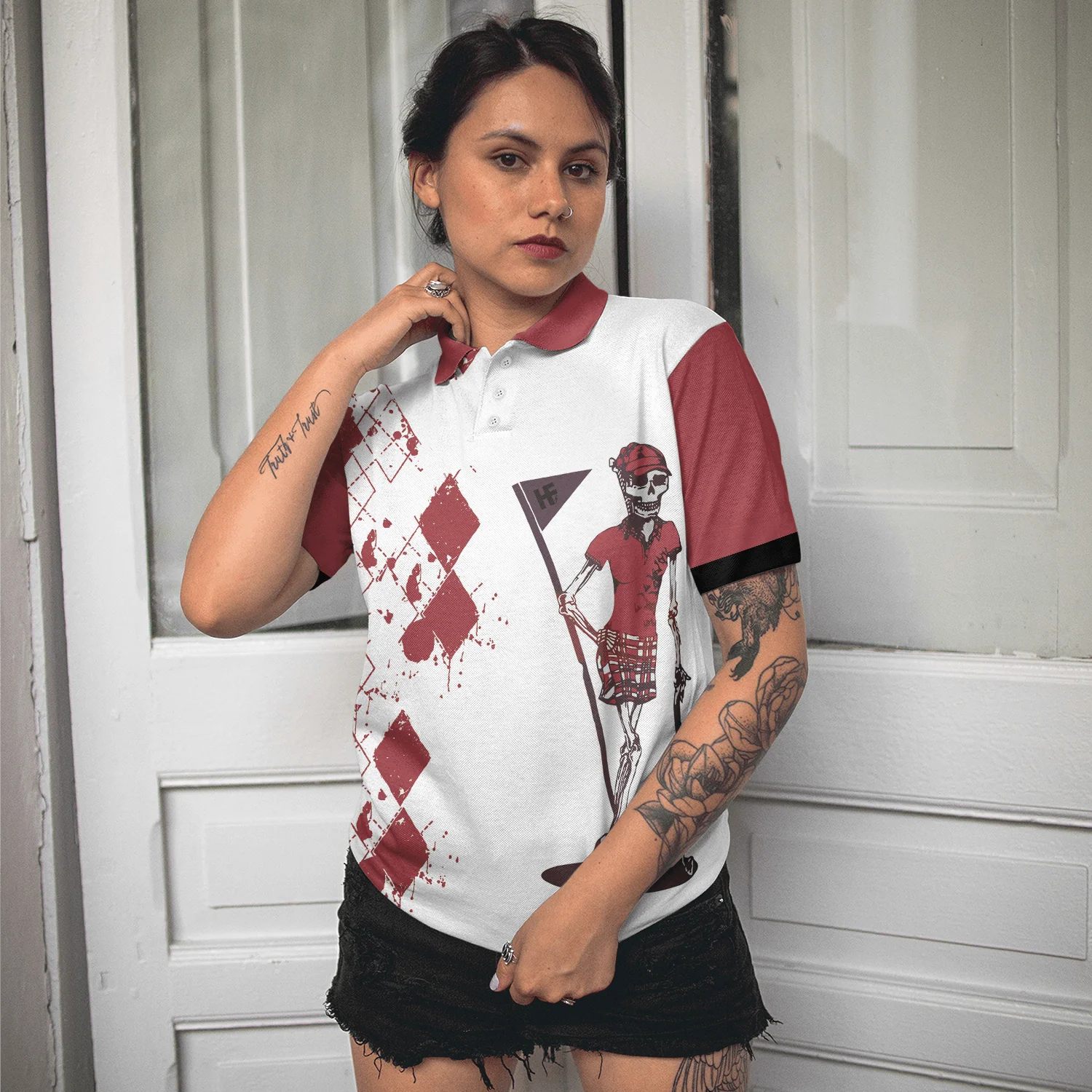 Golf Women Polo Shirt, Golf And Wine Skeleton Argyle Pattern Women Polo Shirts, Golfers Gift For Ladies, Let's Golf Nine And Drink Wine - Image 5