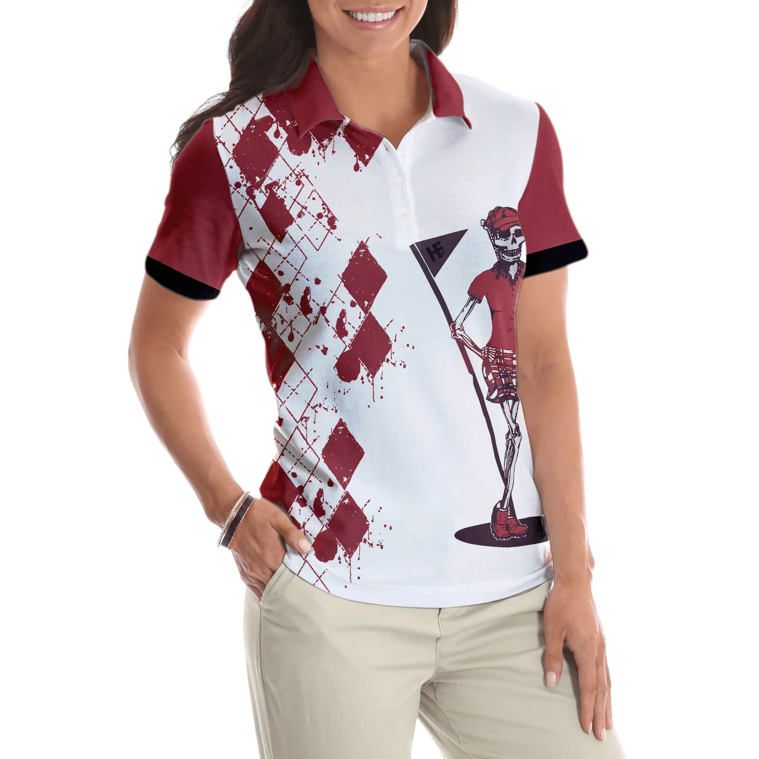 Golf Women Polo Shirt, Golf And Wine Skeleton Argyle Pattern Women Polo Shirts, Golfers Gift For Ladies, Let's Golf Nine And Drink Wine - Image 6