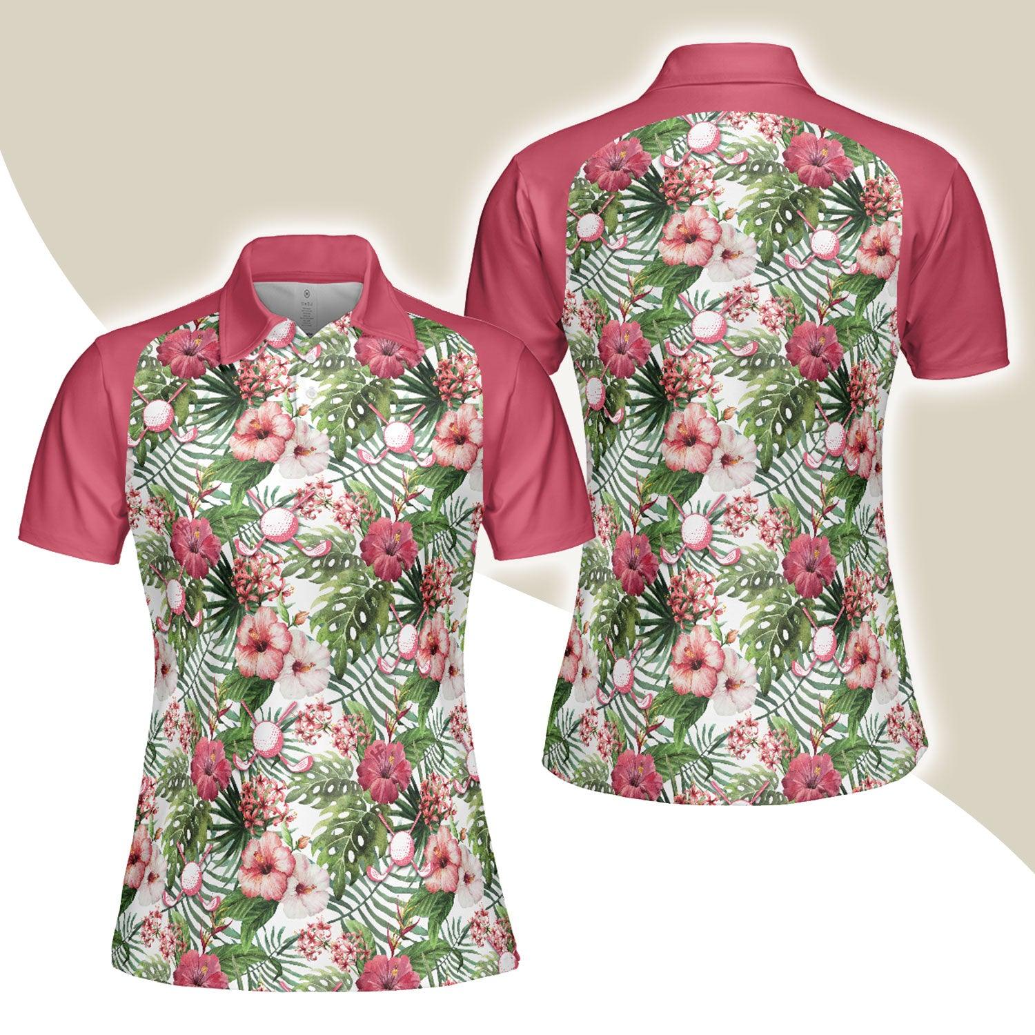 Golf Women Polo Shirt, Golf Ball On Tropical Flowers Pattern Background Women Polo Shirts, Golfing Gift For Ladies, Female Golfers, Golf Lovers