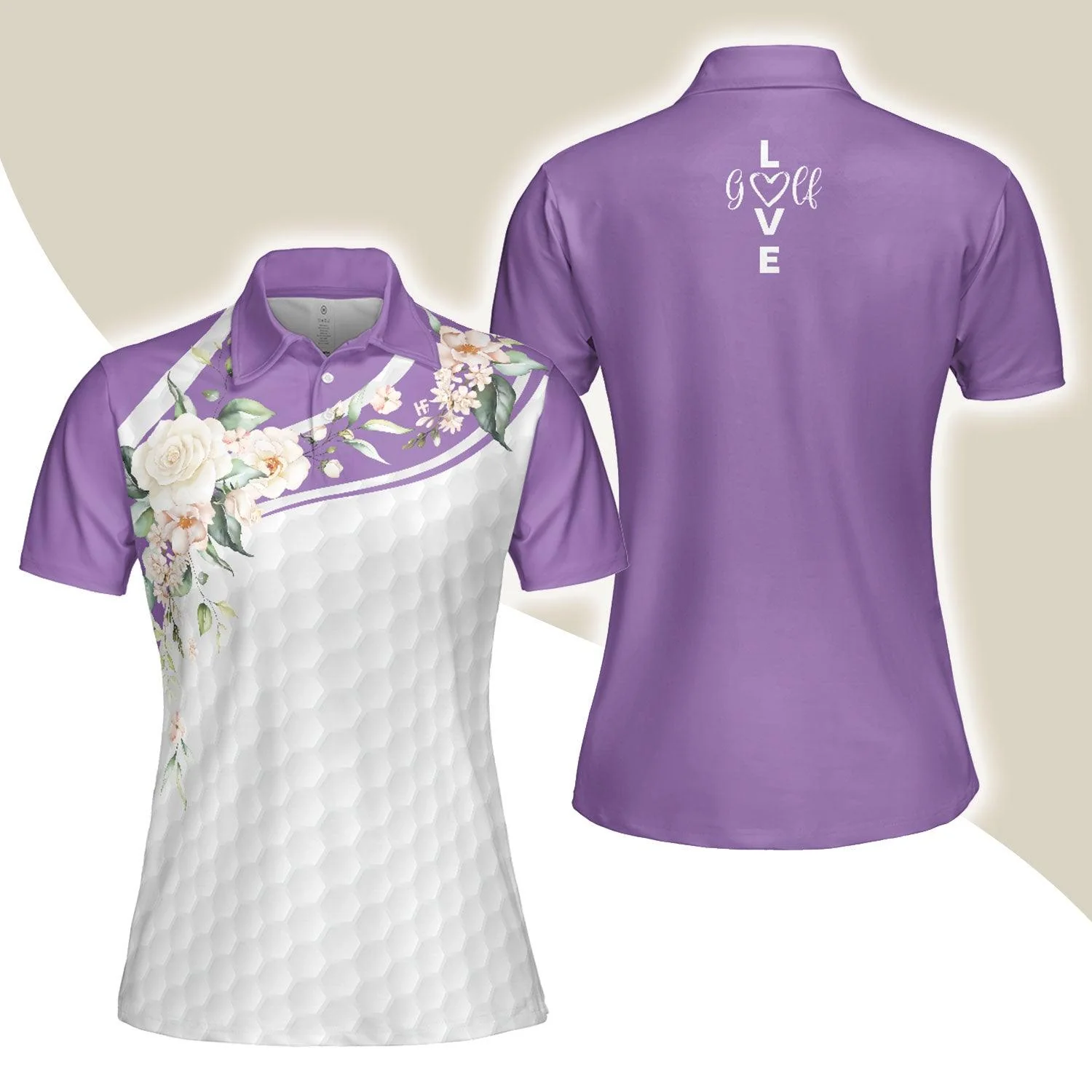 Golf Women Polo Shirt, Golf Ball Texture With Roses Purple Women Polo Shirts, Golfing Gift For Ladies, Female Golfers, Golf Lovers