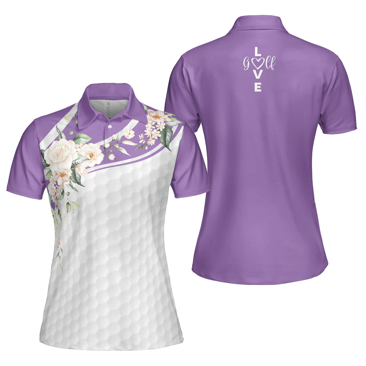 Golf Women Polo Shirt, Golf Ball Texture With Roses Purple Women Polo Shirts, Golfing Gift For Ladies, Female Golfers, Golf Lovers - Image 2