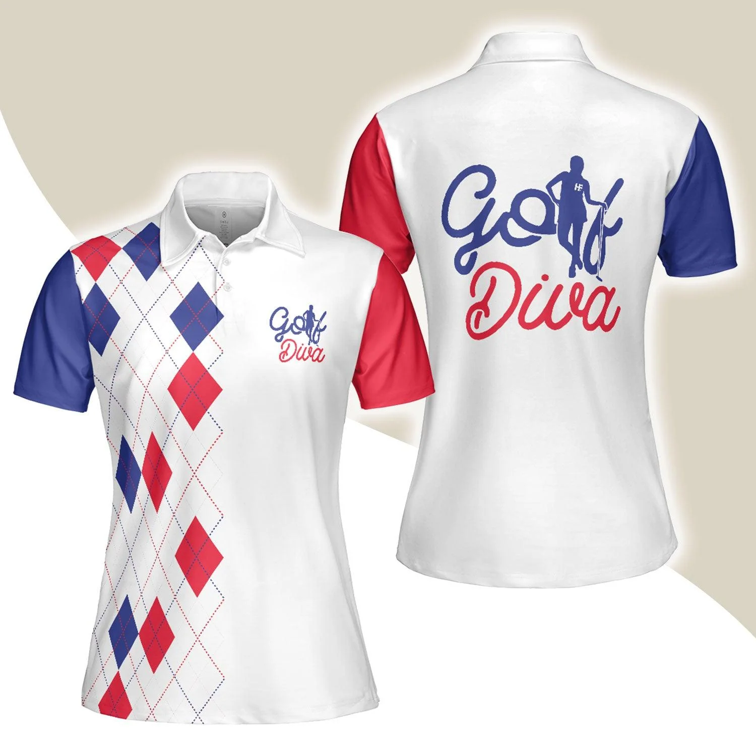 Golf Women Polo Shirt, Golf Diva, Red Blue Argyle Pattern Women Polo Shirts, Best Golf Gift For Female Golfers, Ladies, Golf Lovers