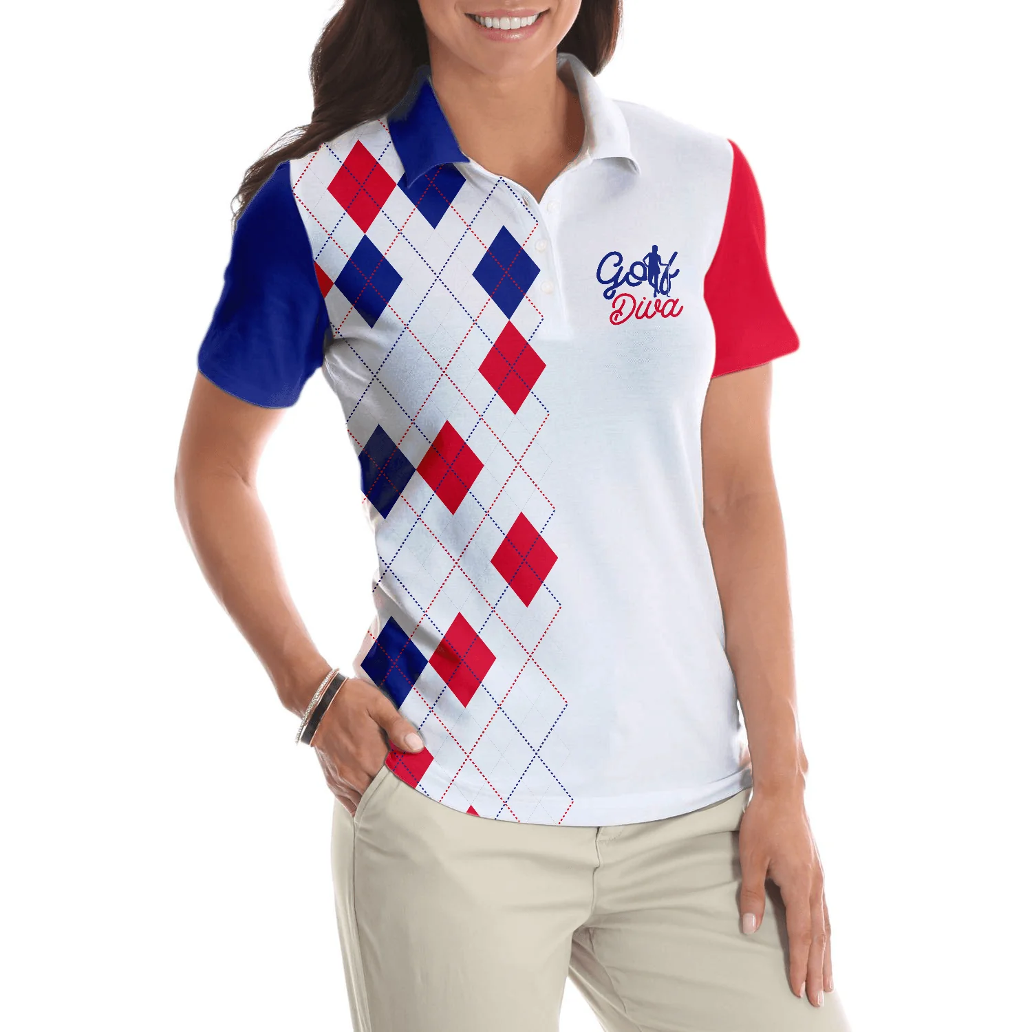 Golf Women Polo Shirt, Golf Diva, Red Blue Argyle Pattern Women Polo Shirts, Best Golf Gift For Female Golfers, Ladies, Golf Lovers - Image 6