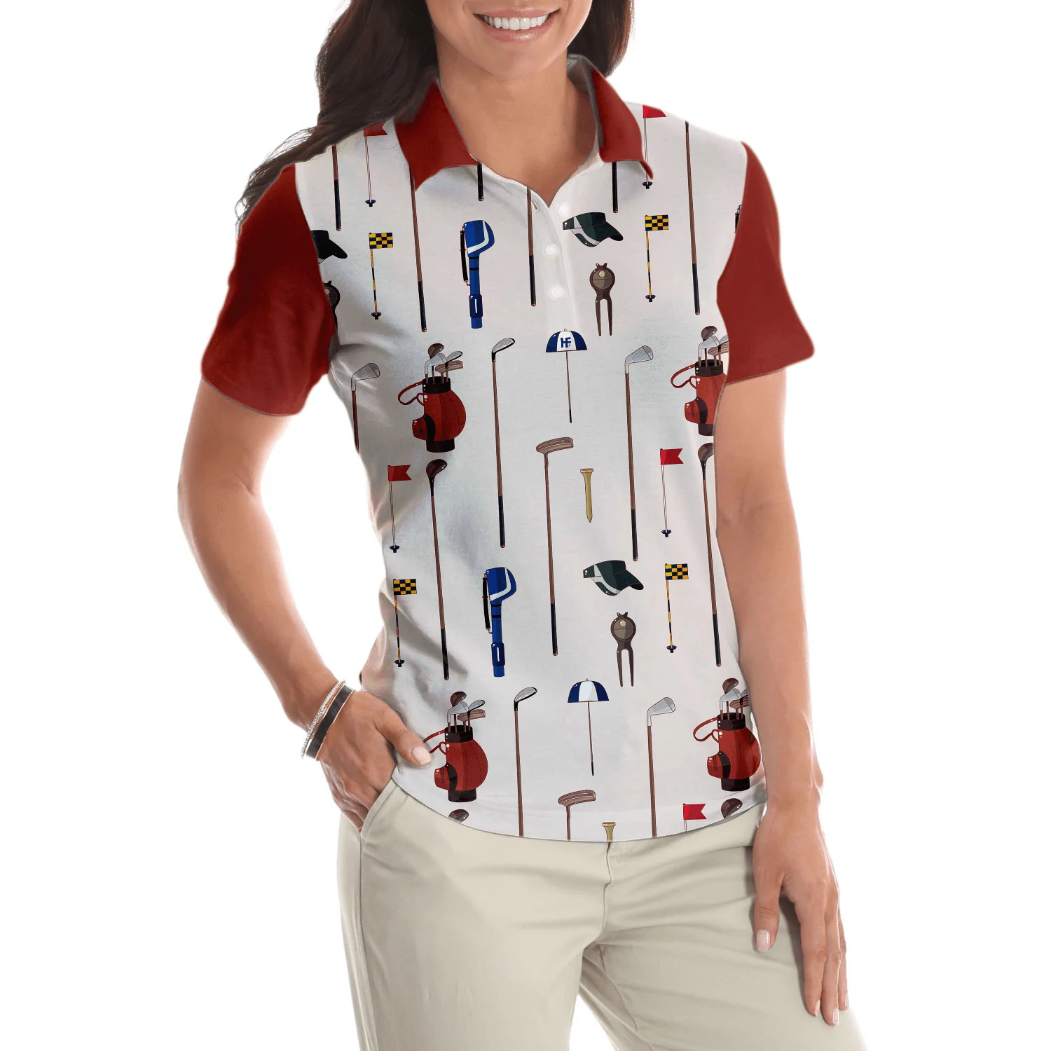 Golf Women Polo Shirt, Golf Equipment White And Red Women Polo Shirts, Unique Golf Gift For Ladies, Team Female Golfers, Golf Lovers - Image 6