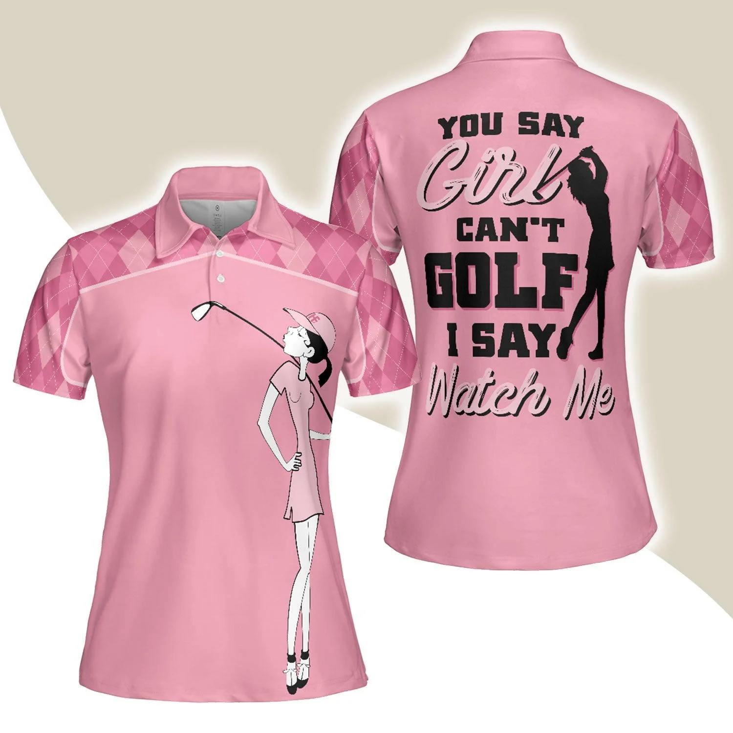 Golf Women Polo Shirt - Golf Girl You Say Girl Can't Golf I Say Watch Me Pink Argyle Pattern Women Polo Shirts - Perfect Gift For Women, Golfers
