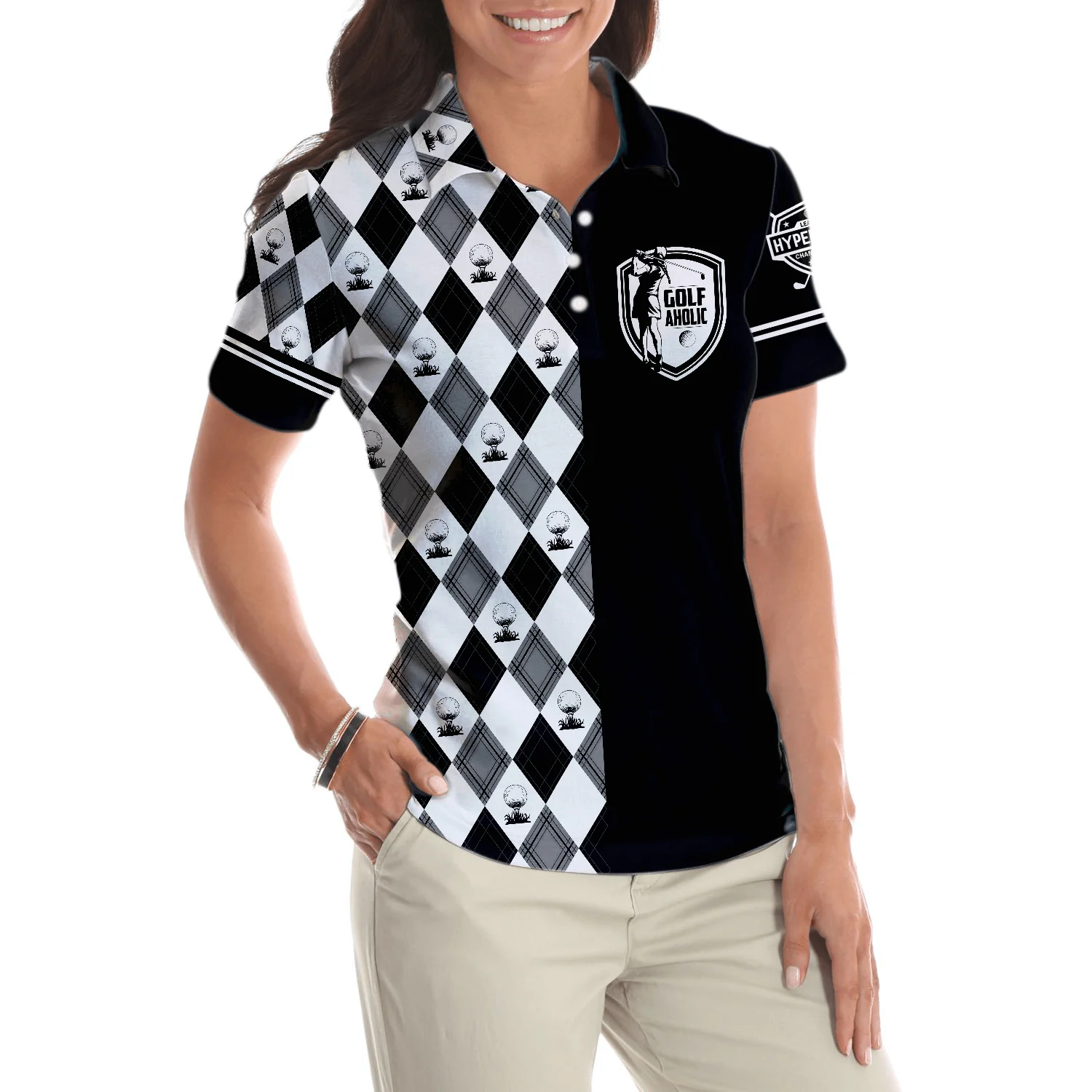 Golf Women Polo Shirt, Golfaholic Black White Checker Pattern Women Polo Shirts, Best Golfing Gift For Female Golfers, Ladies, Golf Lovers - Image 6