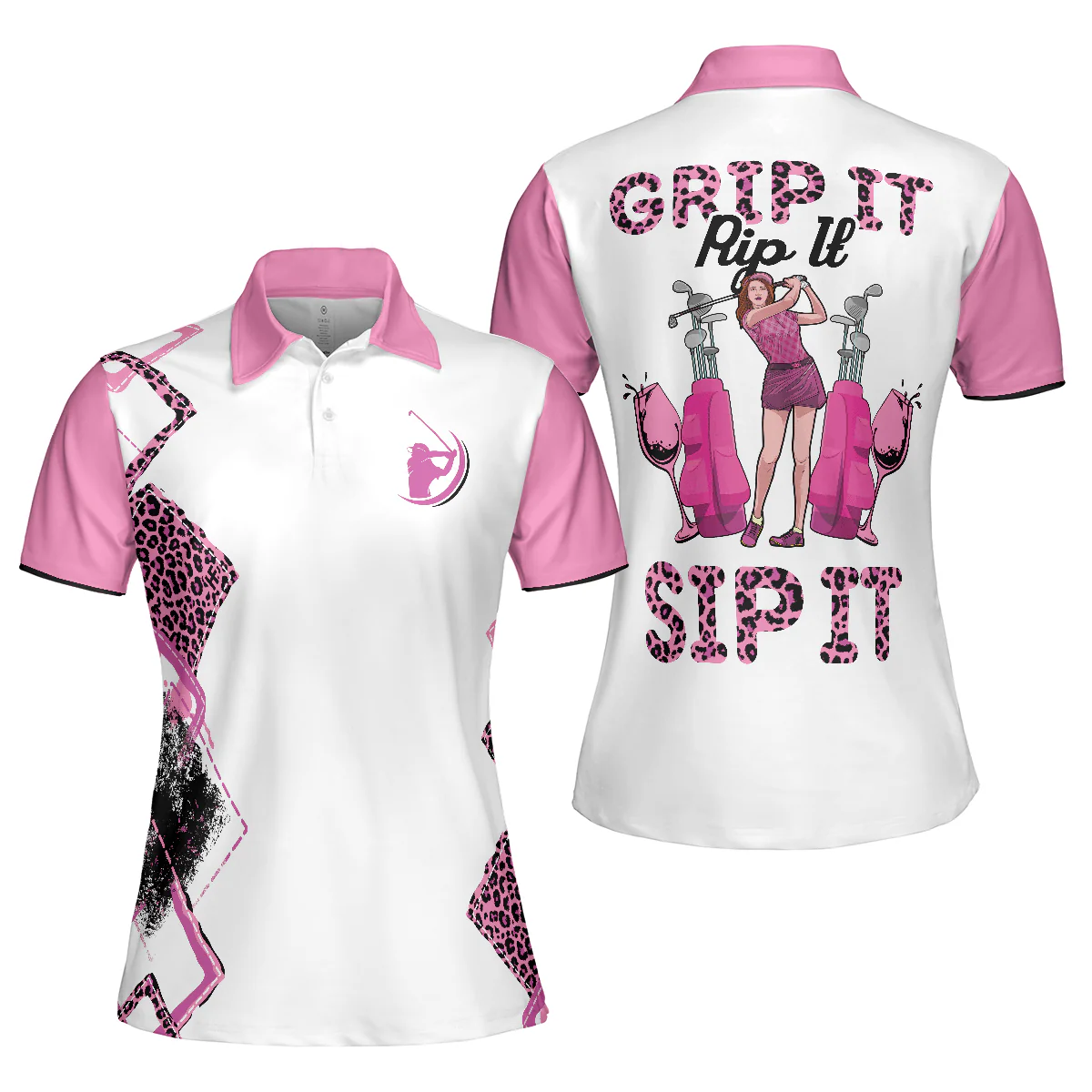 Golf Women Polo Shirt, Grip It Rip It Sip It, Pink Leopard Pattern Golf Women Polo Shirts, Unique Golf Gift For Ladies, Golfers, Golf Sport Lovers - Image 2