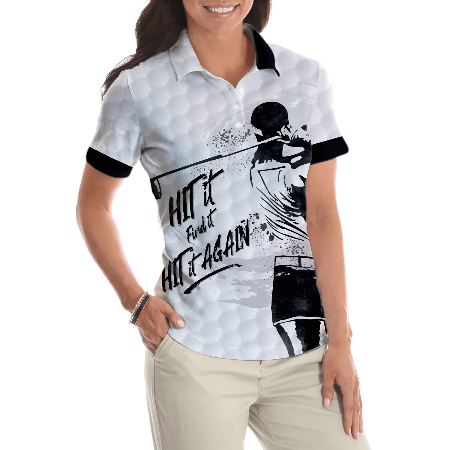 Golf Women Polo Shirt, Hit It Find It Hit It Again, Black And White Golf Women Polo Shirts, Best Cool Female Gift For Golfers, Golf Lovers, Ladies - Image 6