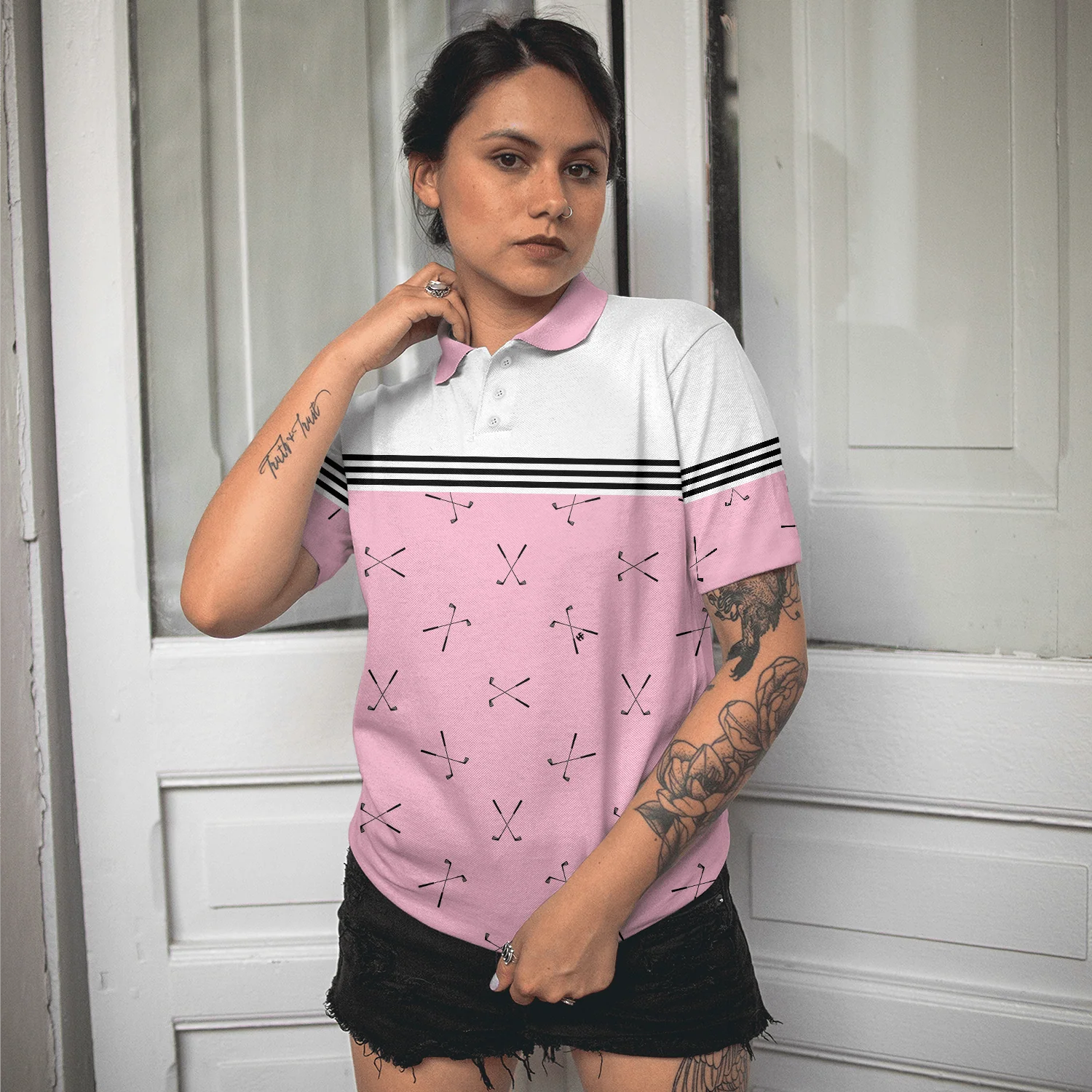 Golf Women Polo Shirt, Hole In One, Pink Golfing, Golf Clubs Repeat Pattern Women Polo Shirts, Best Female Gift For Golf Lovers, Ladies, Golfers - Image 6
