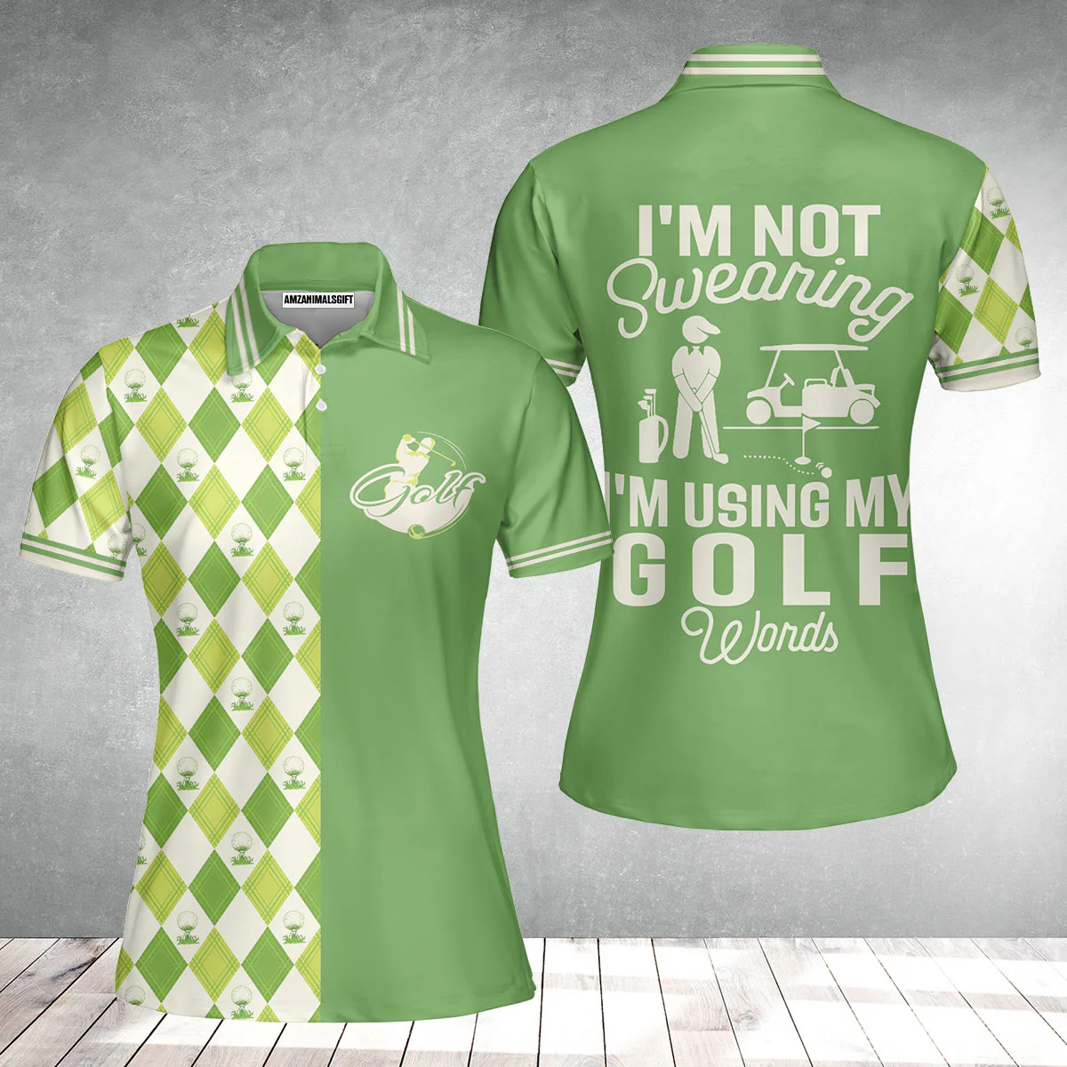 Golf Women Polo Shirt, I'm Not Swearing I'm Using My Golf Words Women Polo Shirt, Green Argyle Pattern Women Polo Shirt - Image 2