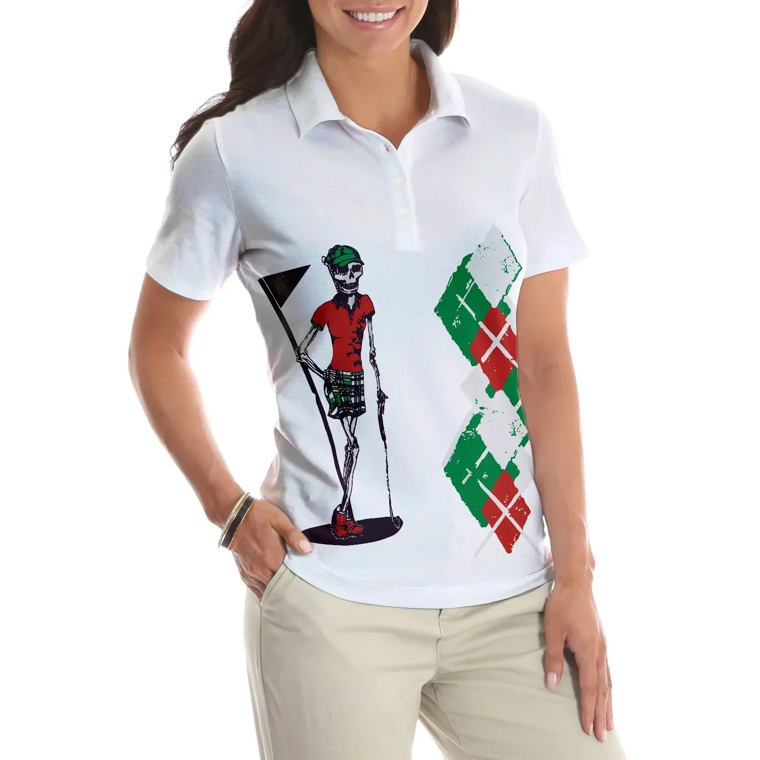 Golf Women Polo Shirt - Kiss My Putt, Red Green Argyle Pattern Skeleton Women Polo Shirts - Best Gift For Ladies, Female, Girls, Golfers, Golf Lovers - Image 5