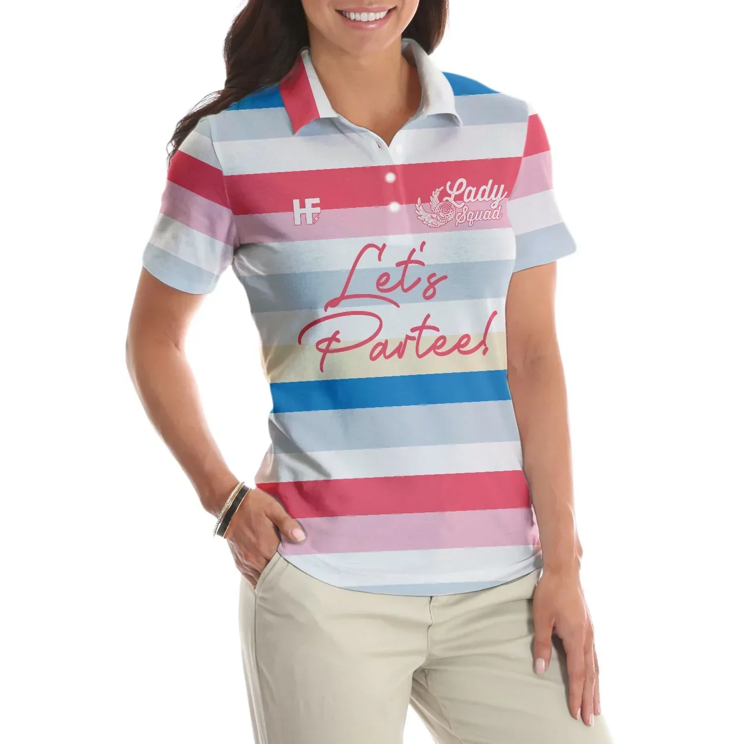 Golf Women Polo Shirt, Let's Partee, Color Horizontal Line Pattern Women Polo Shirts, Unique Female Gift For Golfers, Ladies, Golf Lovers - Image 5