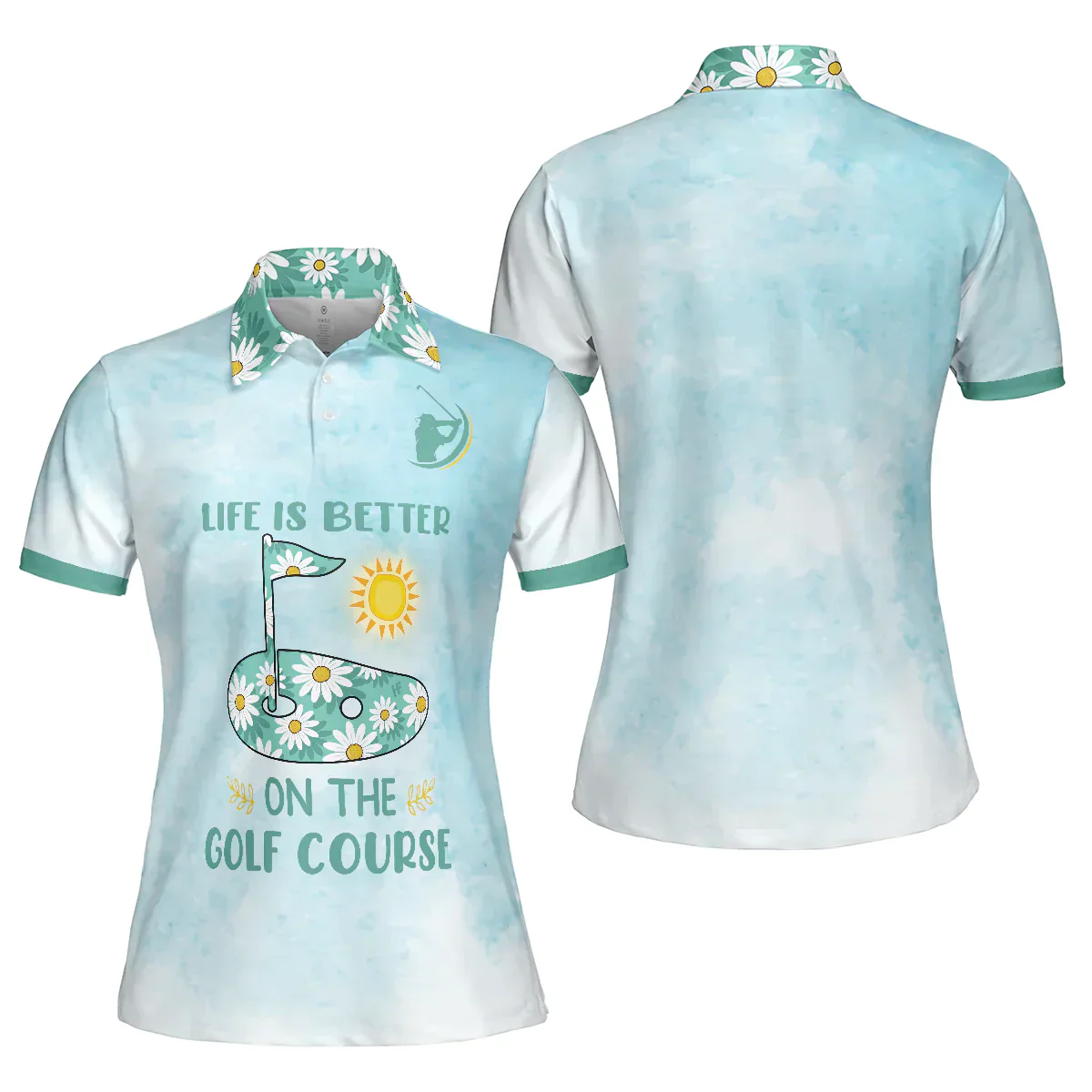 Golf Women Polo Shirt, Light Blue Tie Dye Daisy Floral Women Polo Shirts, Golfing Gift For Ladies, Golfers, Life Is Better On The Golf Course - Image 2