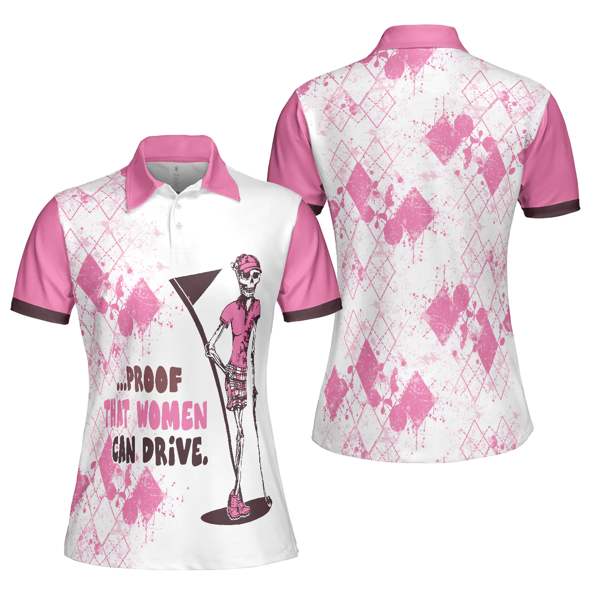 Golf Women Polo Shirt, Mrs. Bones Pink Argyle Pattern Women Polo Shirt, Best Golfing Gift For Ladies, Golfers, Golf Lovers, Proof That Women Can Drive - Image 2