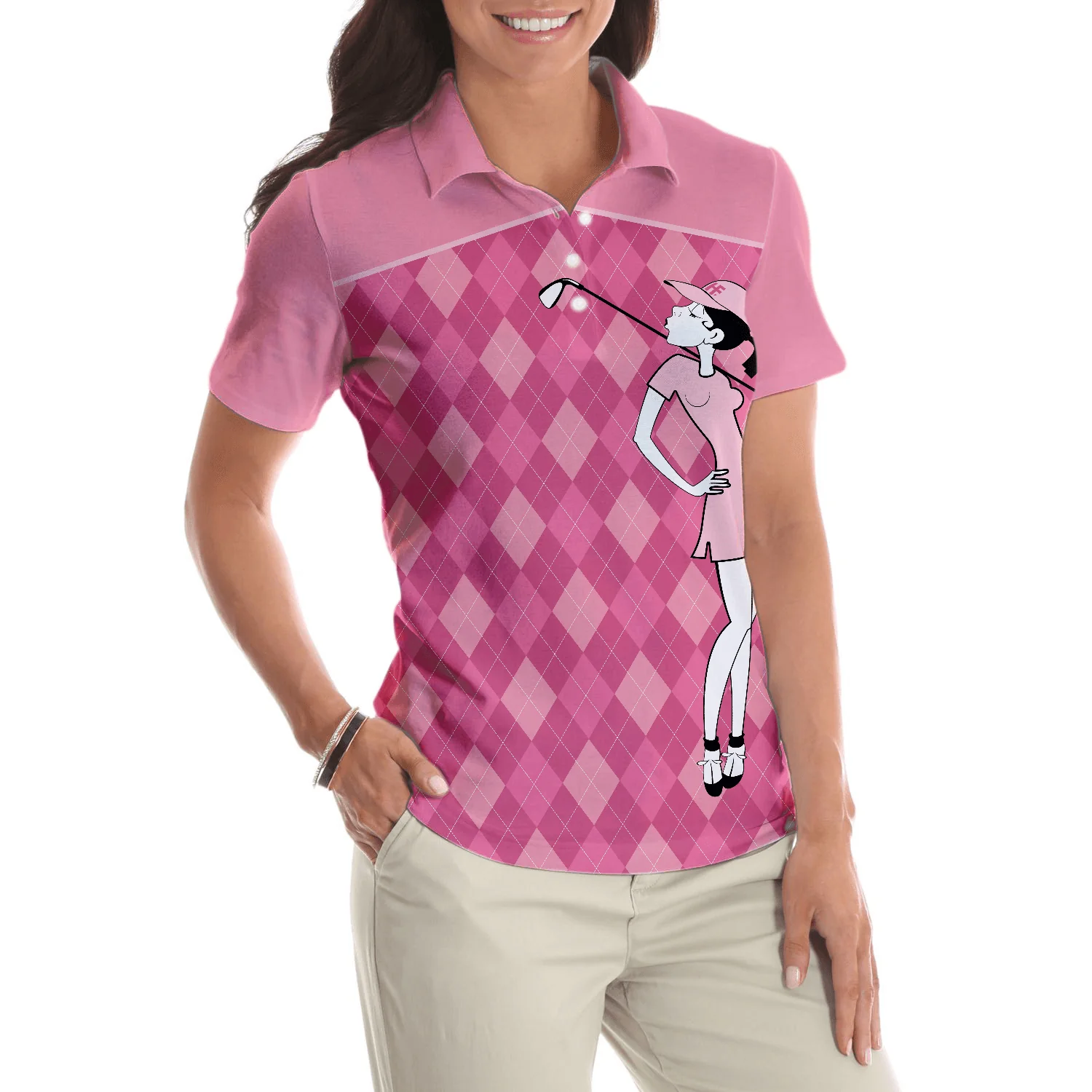 Golf Women Polo Shirt - Pink Argyle Pattern Golf Girl You Say Girl Can't Golf I Say Watch Me  Women Polo Shirts - Perfect Gift For Women, Golfers - Image 5