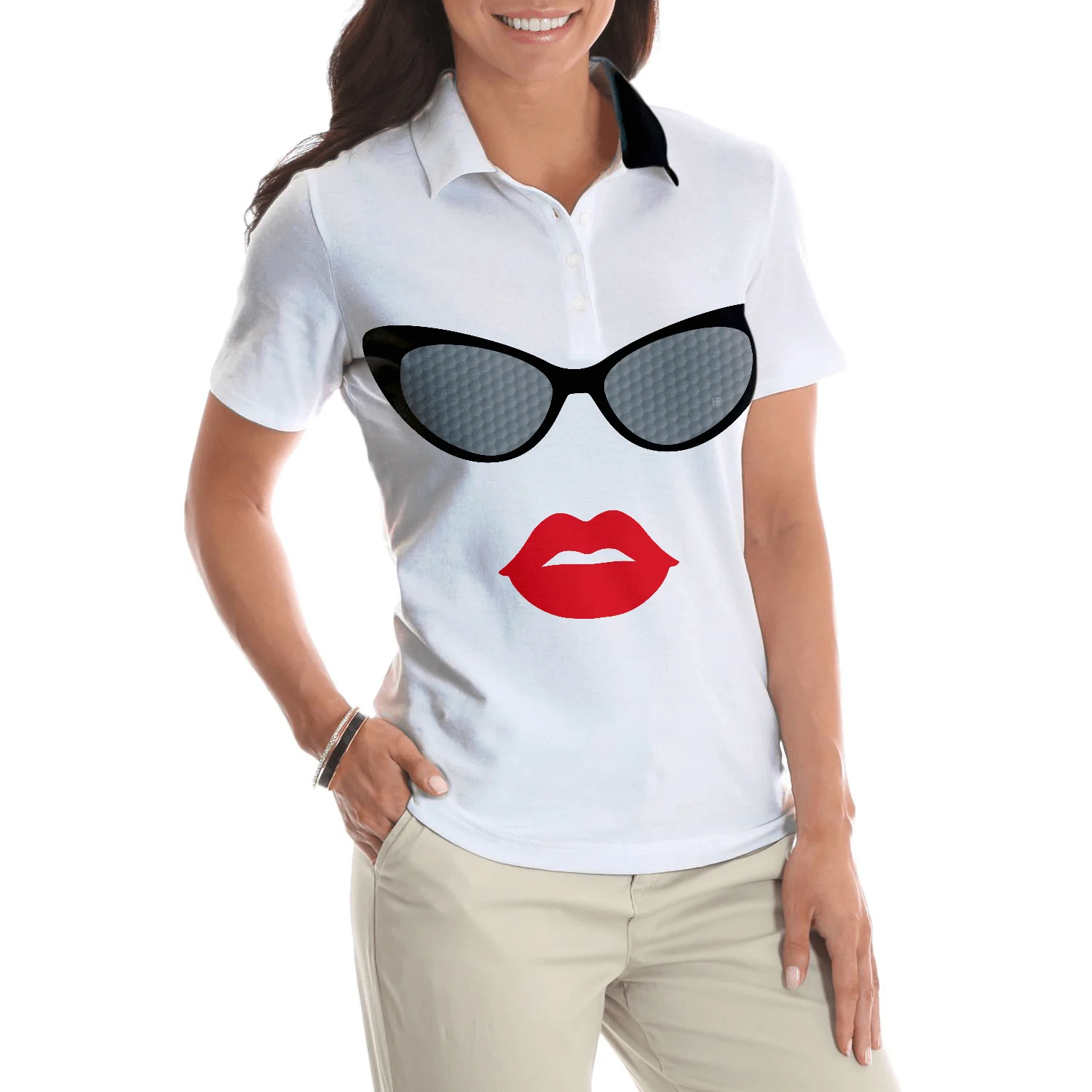 Golf Women Polo Shirt, Sunglasses And Sexy Red Lips Women Polo Shirts, Unique White Golf Shirt For Ladies, Perfect Gift For Golfers, Golf Lovers - Image 5