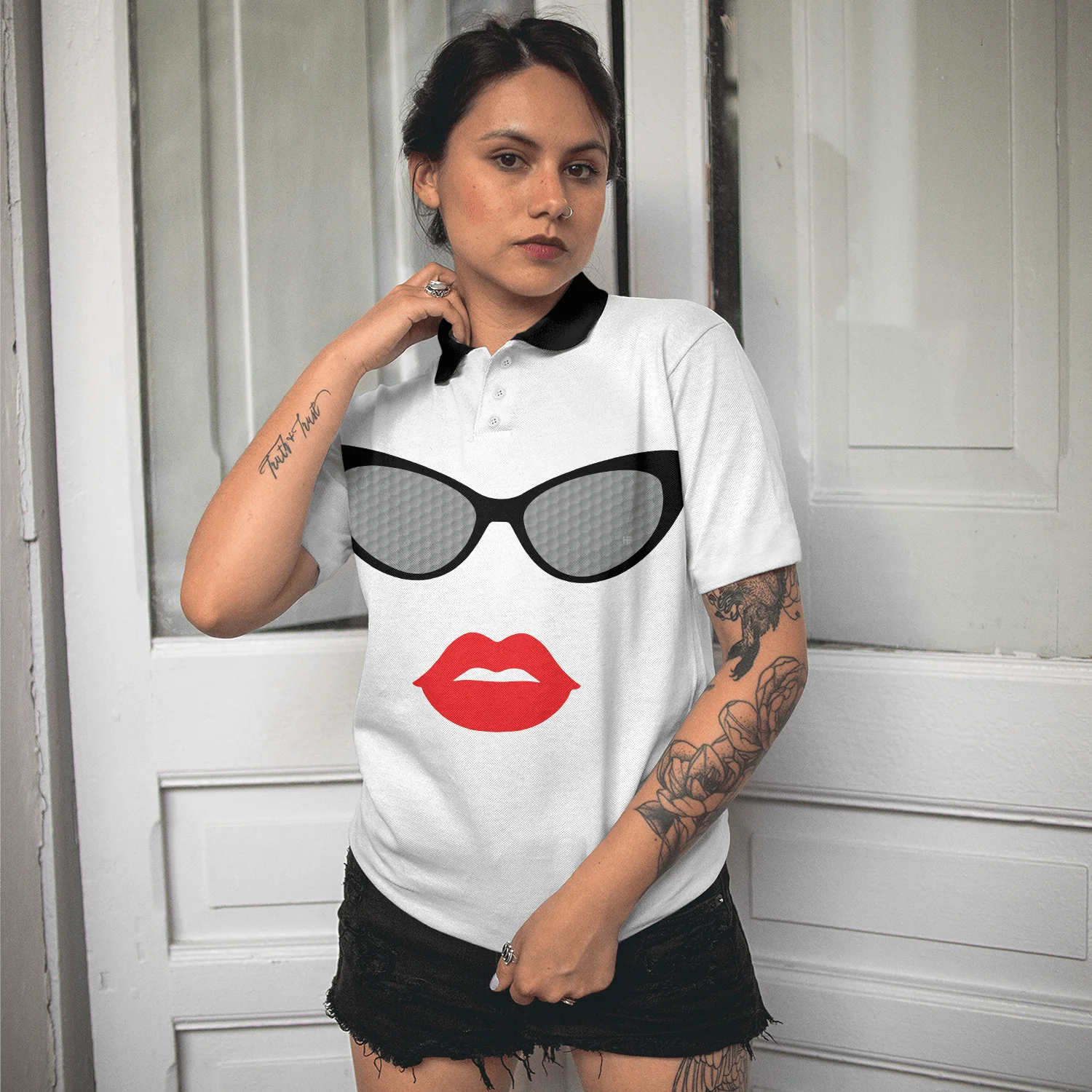 Golf Women Polo Shirt, Sunglasses And Sexy Red Lips Women Polo Shirts, Unique White Golf Shirt For Ladies, Perfect Gift For Golfers, Golf Lovers - Image 6