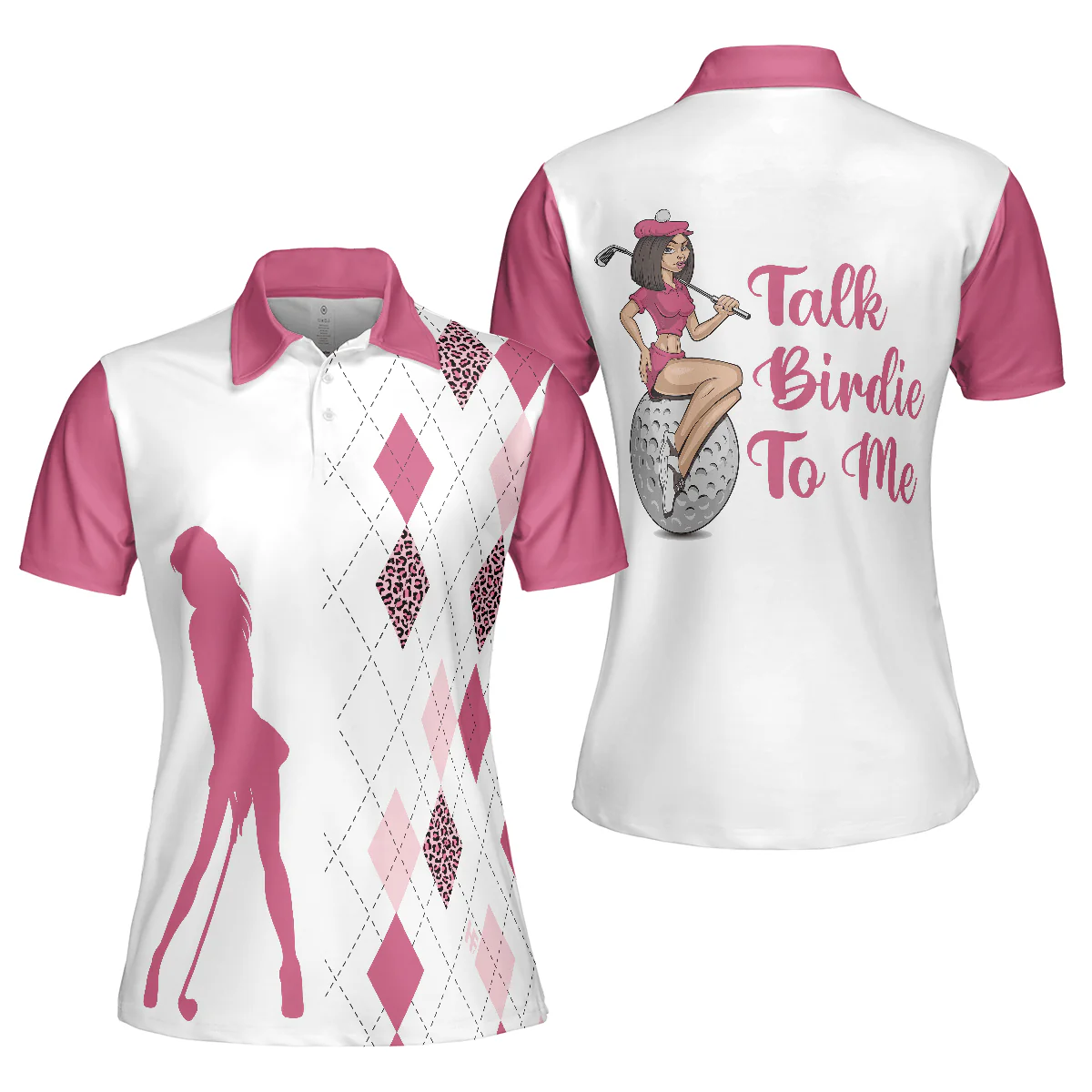 Golf Women Polo Shirt, Talk Birdie To Me, Best Pink Argyle And Leopard Pattern Women Polo Shirts, Perfect Cool Golfing Gift For Ladies, Golfers - Image 2