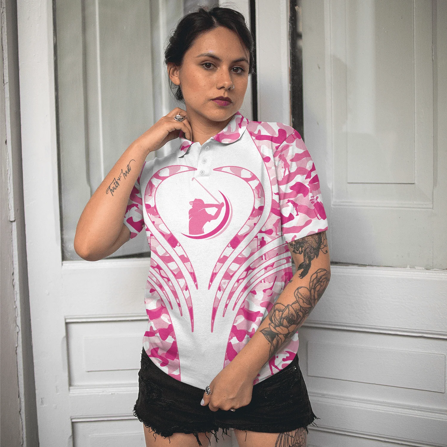 Golf Women Polo Shirt - White Pink Camouflage Thinning Layout   Women Polo Shirt, Best Golf Shirt For Golfers - Perfect Gift For Women, Golf Lover - Image 5