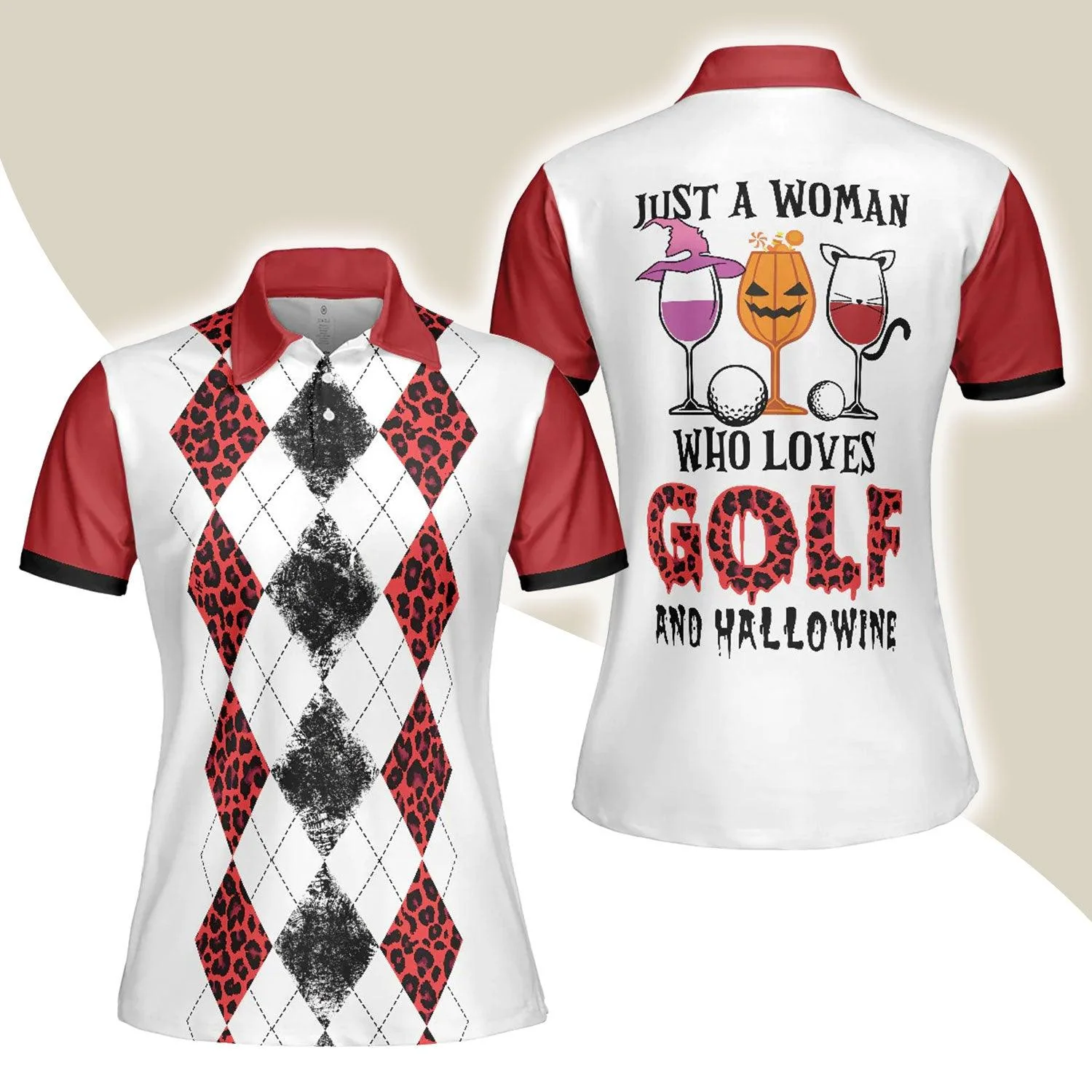Golf Women Polo Shirt, White Red Leopard Argyle Pattern Wine Halloween Women Polo Shirts, Gift For Golfers, Just A Woman Who Loves Golf And Hallowine