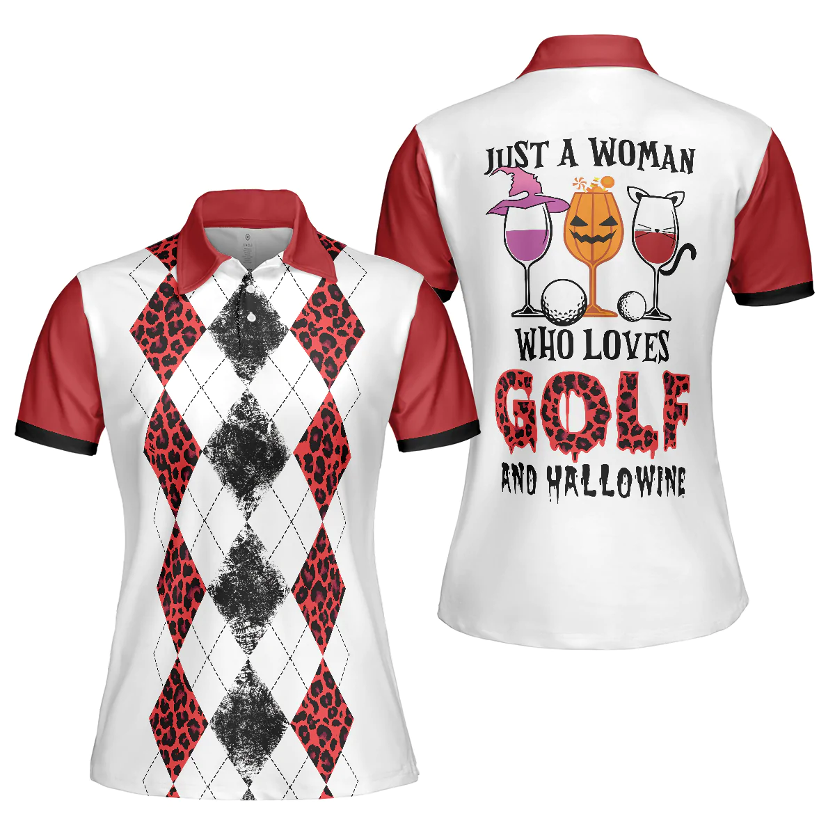 Golf Women Polo Shirt, White Red Leopard Argyle Pattern Wine Halloween Women Polo Shirts, Gift For Golfers, Just A Woman Who Loves Golf And Hallowine - Image 2