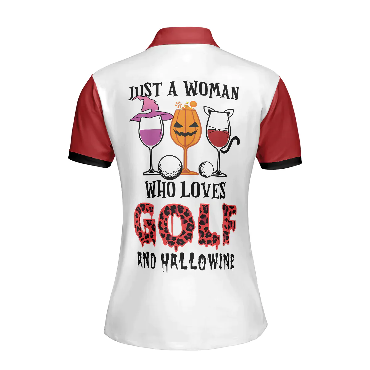 Golf Women Polo Shirt, White Red Leopard Argyle Pattern Wine Halloween Women Polo Shirts, Gift For Golfers, Just A Woman Who Loves Golf And Hallowine - Image 3