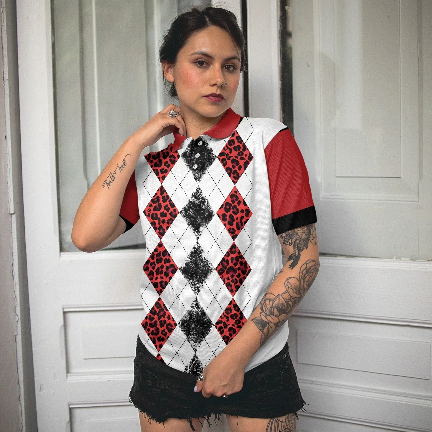 Golf Women Polo Shirt, White Red Leopard Argyle Pattern Wine Halloween Women Polo Shirts, Gift For Golfers, Just A Woman Who Loves Golf And Hallowine - Image 5