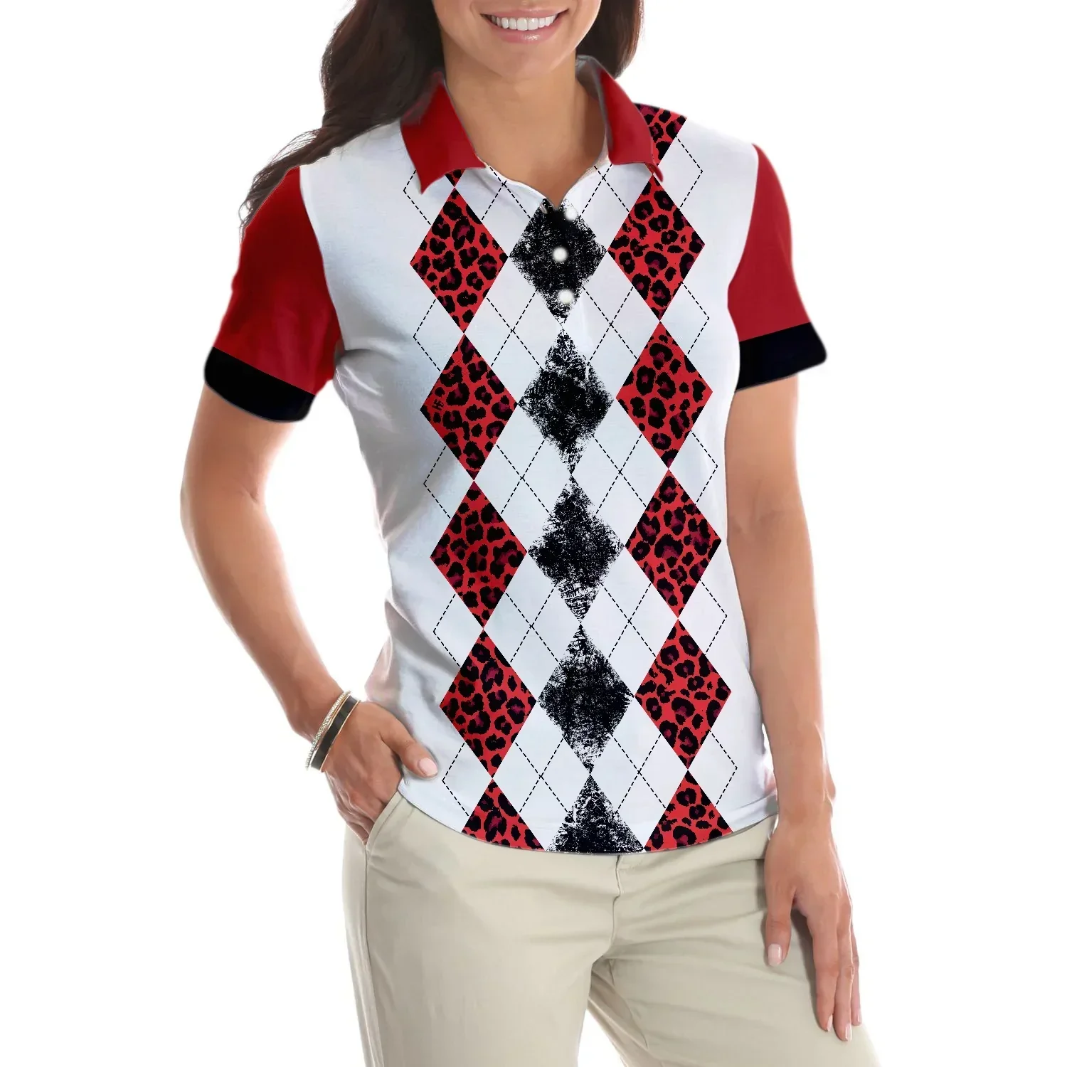 Golf Women Polo Shirt, White Red Leopard Argyle Pattern Wine Halloween Women Polo Shirts, Gift For Golfers, Just A Woman Who Loves Golf And Hallowine - Image 6