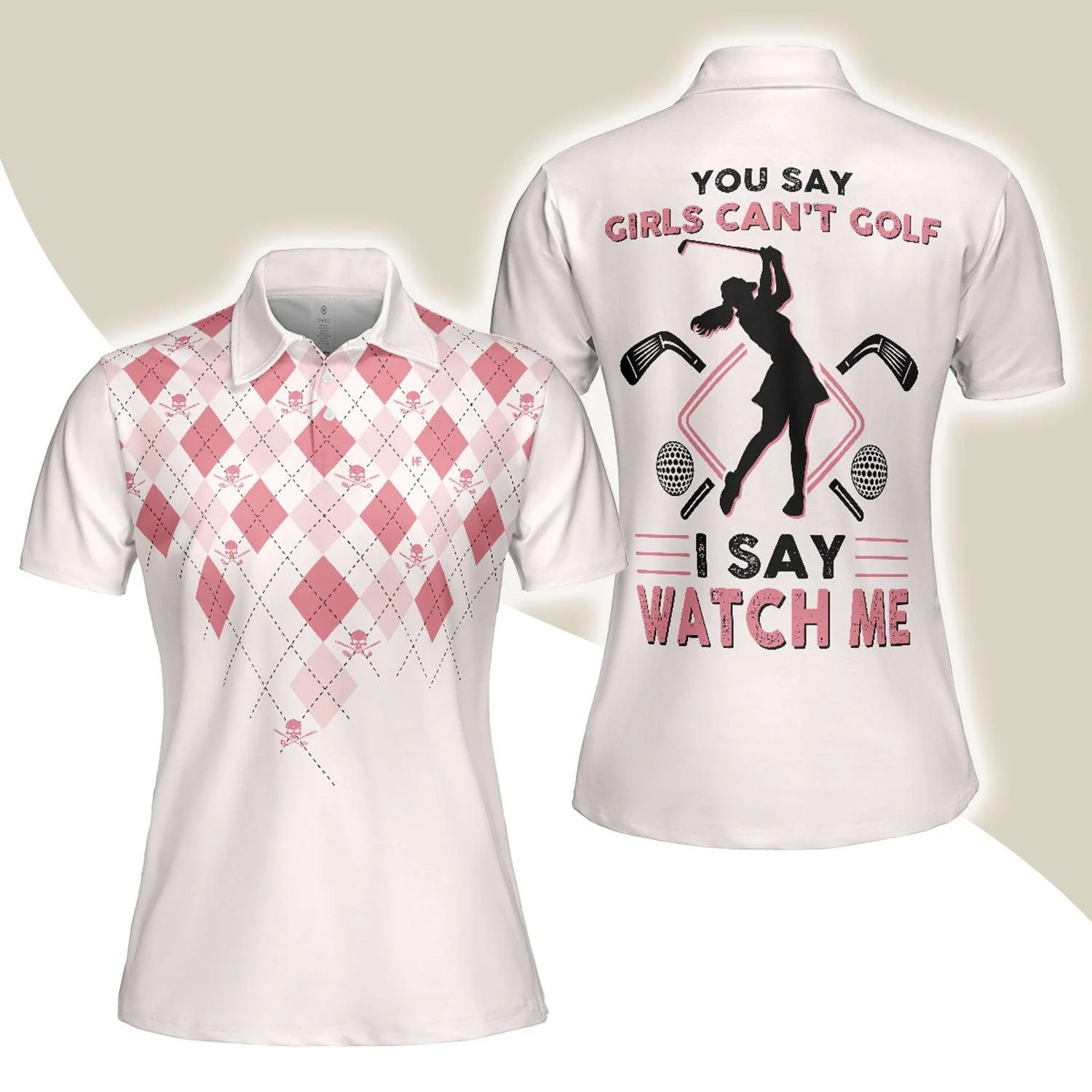 Golf Women Polo Shirt - You Say Girls Can't Golf I Say Watch Me Women Polo Shirts, Light Pink Argyle Pattern Shirt For Ladies - Perfect Gift For Women