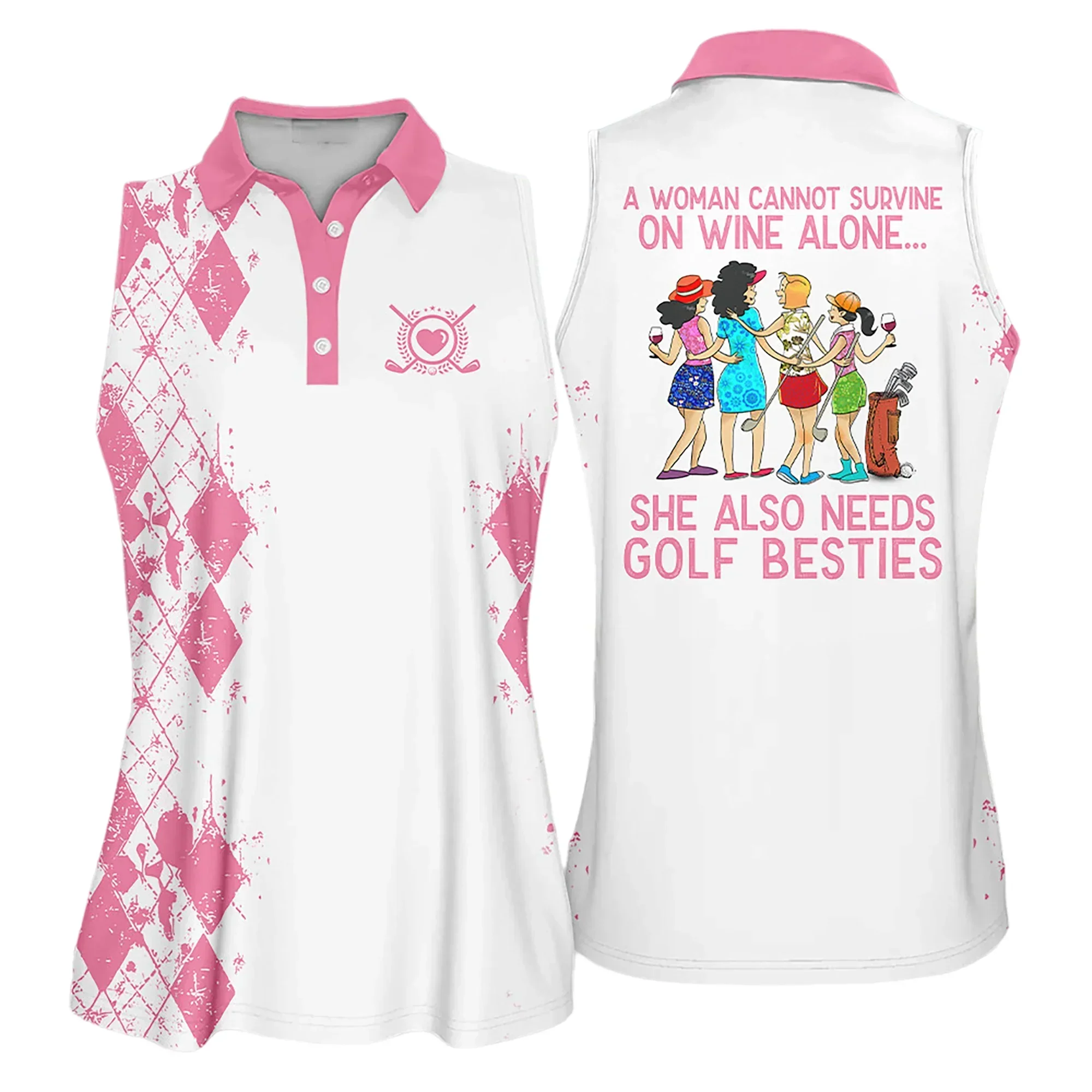 Golf Women Polo Shirts, Golf Friend Argyle Pattern She Also Needs Golf Besties Multicolor Women Polo Shirts - Gift For Golfers, Golf Lovers - Image 2