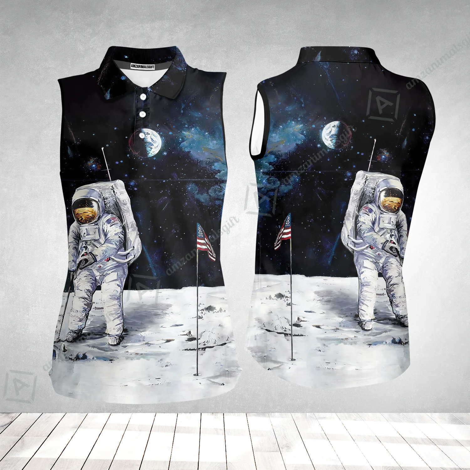 Golf Women Sleeveless Polo Shirt - Astronaut Moon Golf Men Polo Shirt, American Flag Women Sleeveless Polo Shirt - Image 2