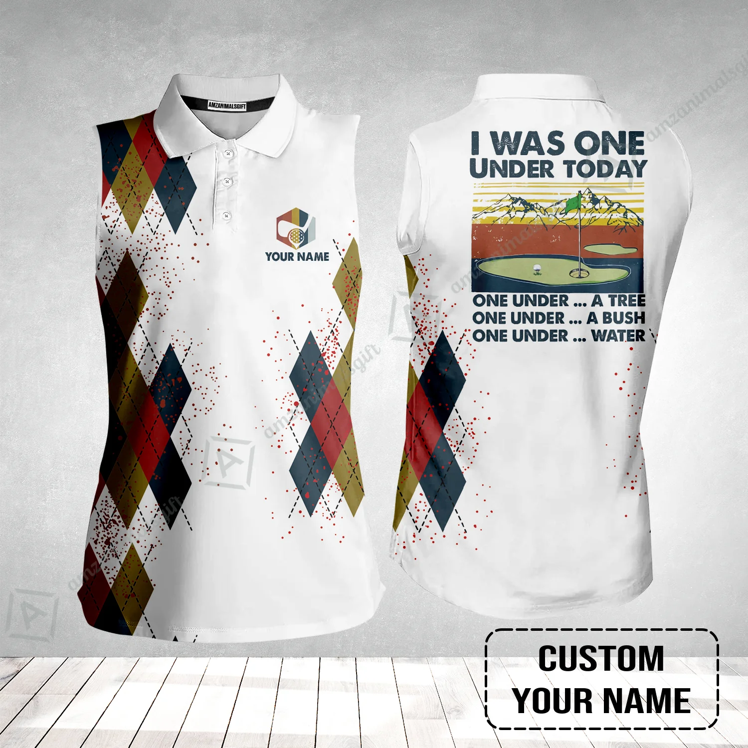 Golf Women Sleeveless Polo Shirt Custom Name - I Was One Under Today One Under A Tree Bush and Water - Image 2