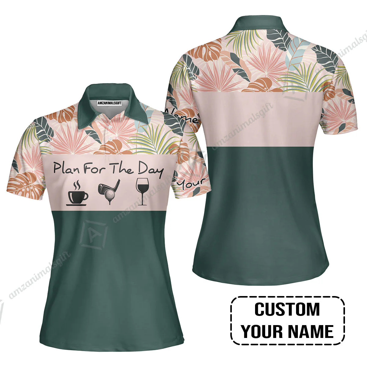 Golf Women Sleeveless Polo Shirt - Custom Name Tropical Leaves Floral Apparel - Plan For The Day Coffee Golf Wine - Image 3