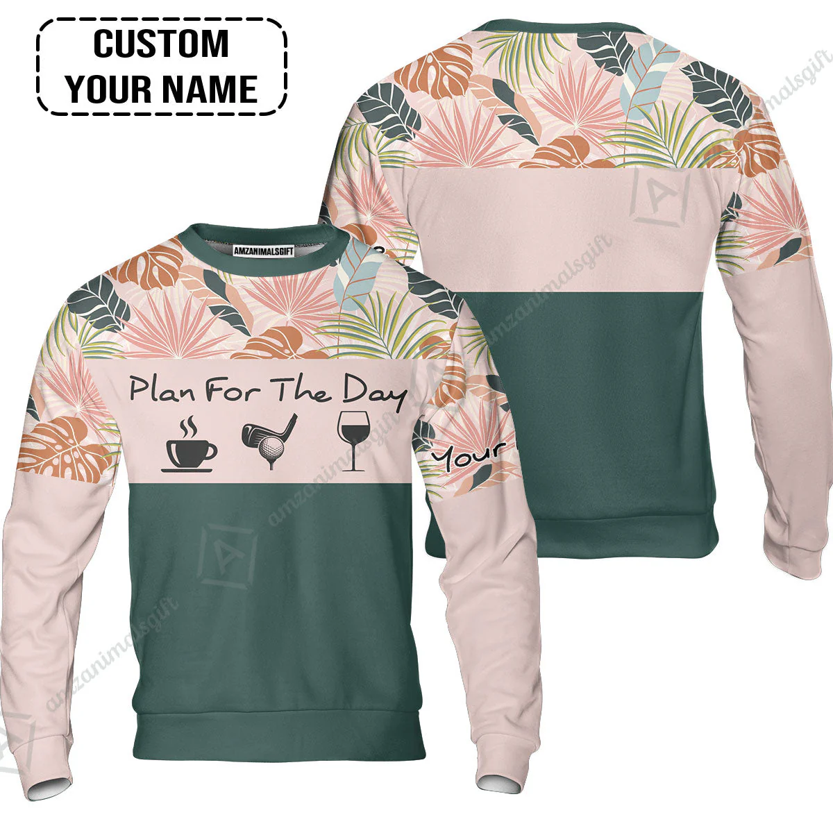 Golf Women Sleeveless Polo Shirt - Custom Name Tropical Leaves Floral Apparel - Plan For The Day Coffee Golf Wine - Image 4