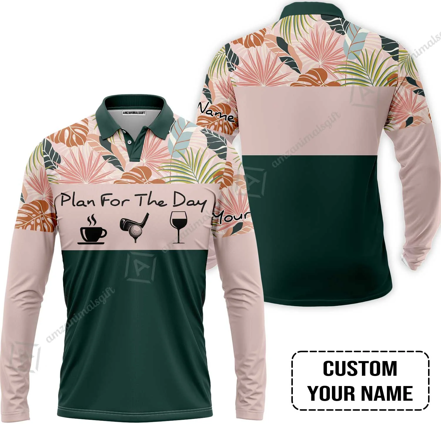 Golf Women Sleeveless Polo Shirt - Custom Name Tropical Leaves Floral Apparel - Plan For The Day Coffee Golf Wine - Image 6