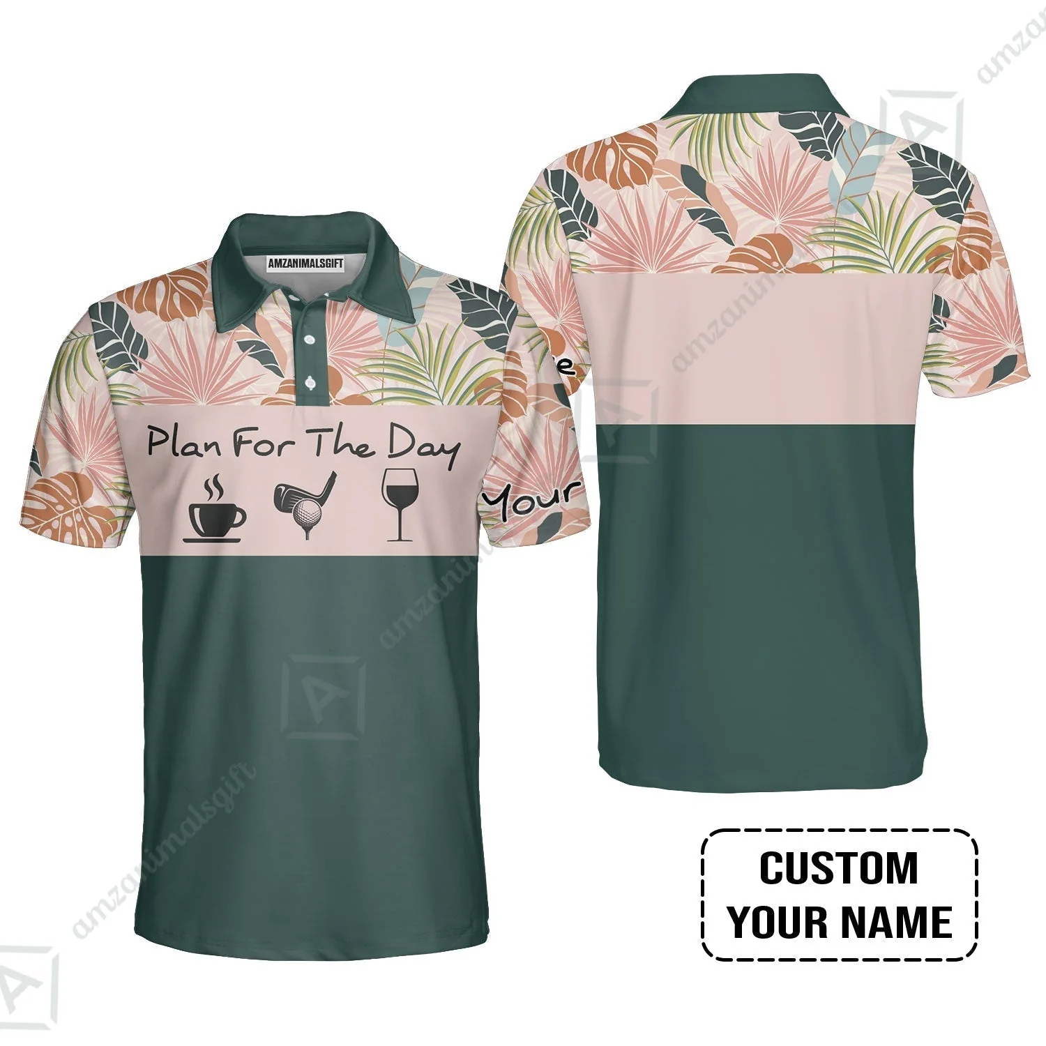 Golf Women Sleeveless Polo Shirt - Custom Name Tropical Leaves Floral Apparel - Plan For The Day Coffee Golf Wine - Image 7