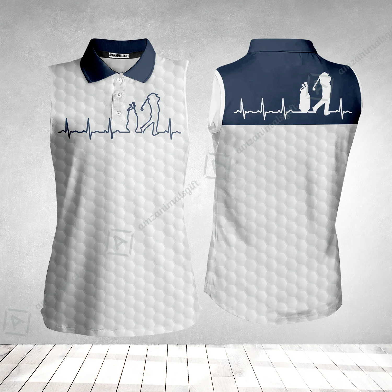 Golf Women Sleeveless Polo Shirt - Heartbeat Golfer White And Navy Golf Women Sleeveless Polo Shirt, White Golf Ball Pattern Women Sleeveless Polo Shirt - Best Gift For Golfers - Image 2