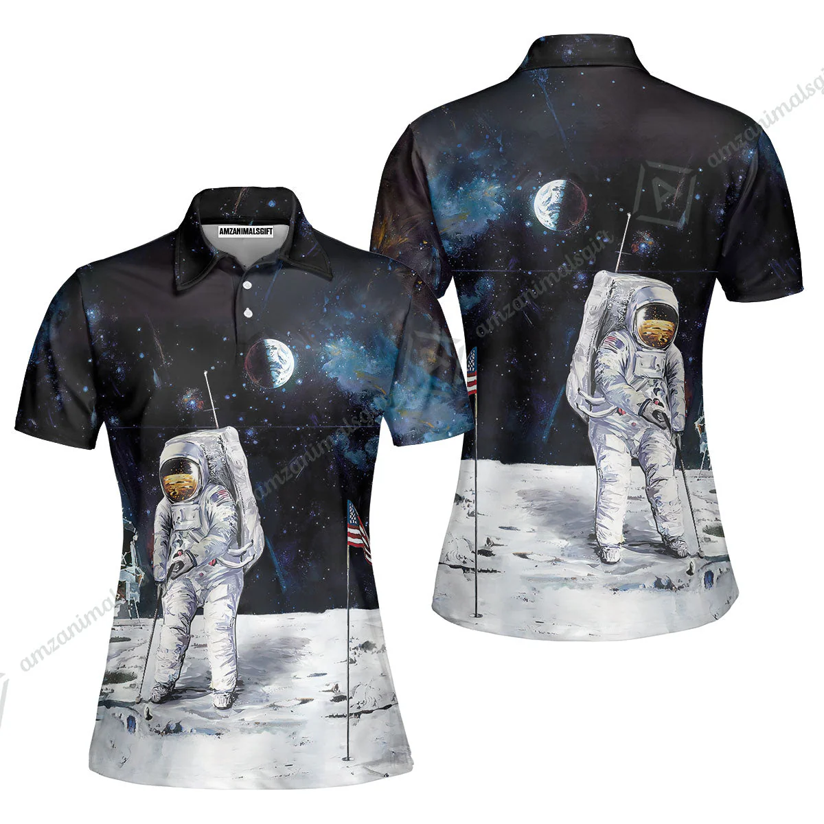 Golf Zip Polo Shirt - Astronaut Moon Golf Men Polo Shirt, American Flag Zip Polo Shirt - Image 5