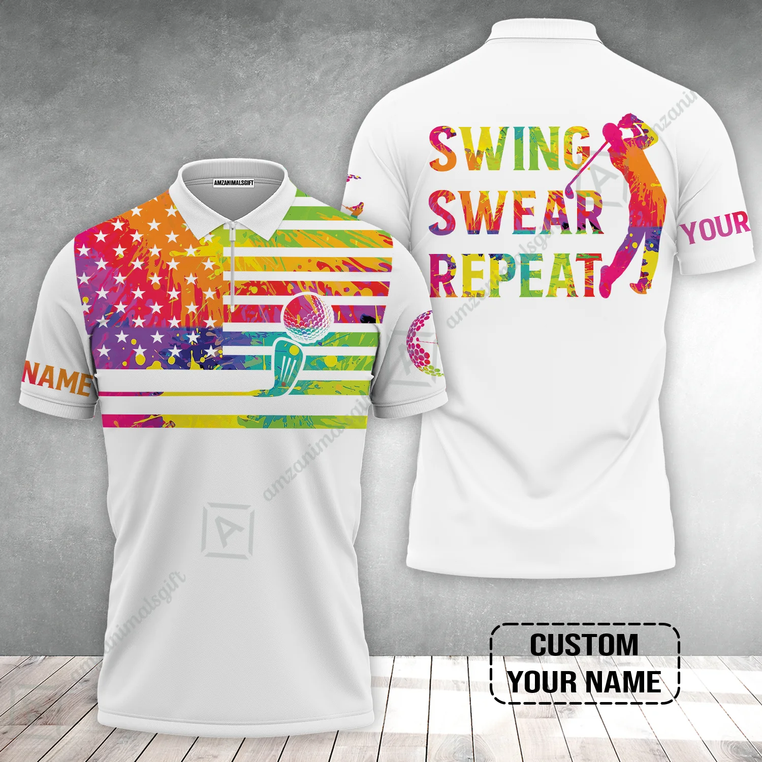 Golf Zip Polo Shirt - Funny Watercolor American Flag Custom Name White Apparel - Swing Swear Repeat Golf Zip Polo Shirt - Image 2