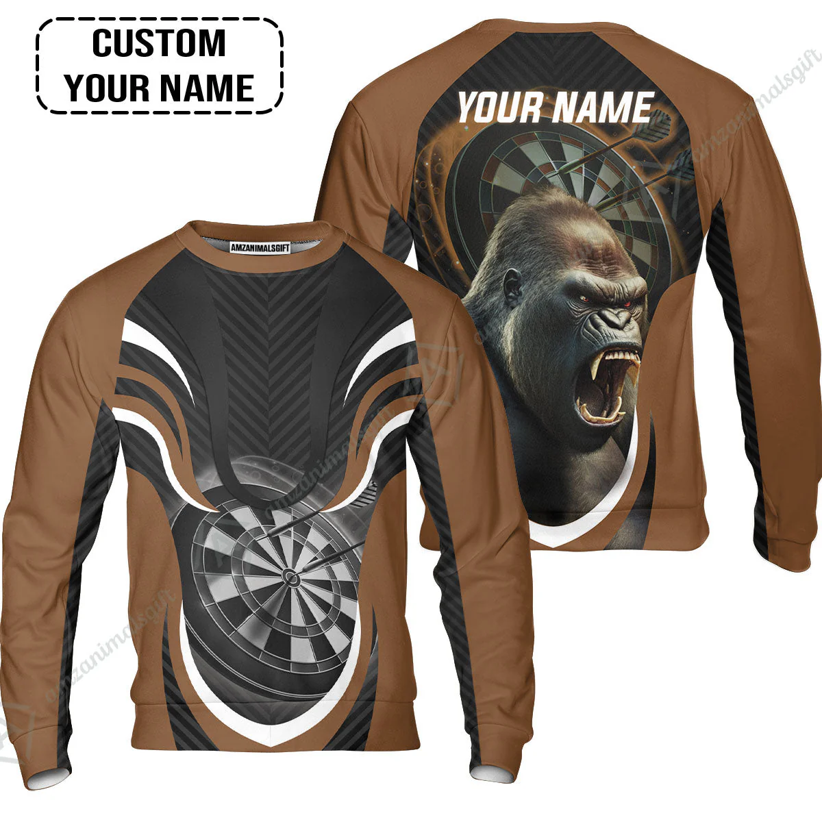 Gorilla And Darts Custom Name Hawaiian Shirt, Bullseye Dartboard Brown Personalized Hawaiian Shirt - Image 3
