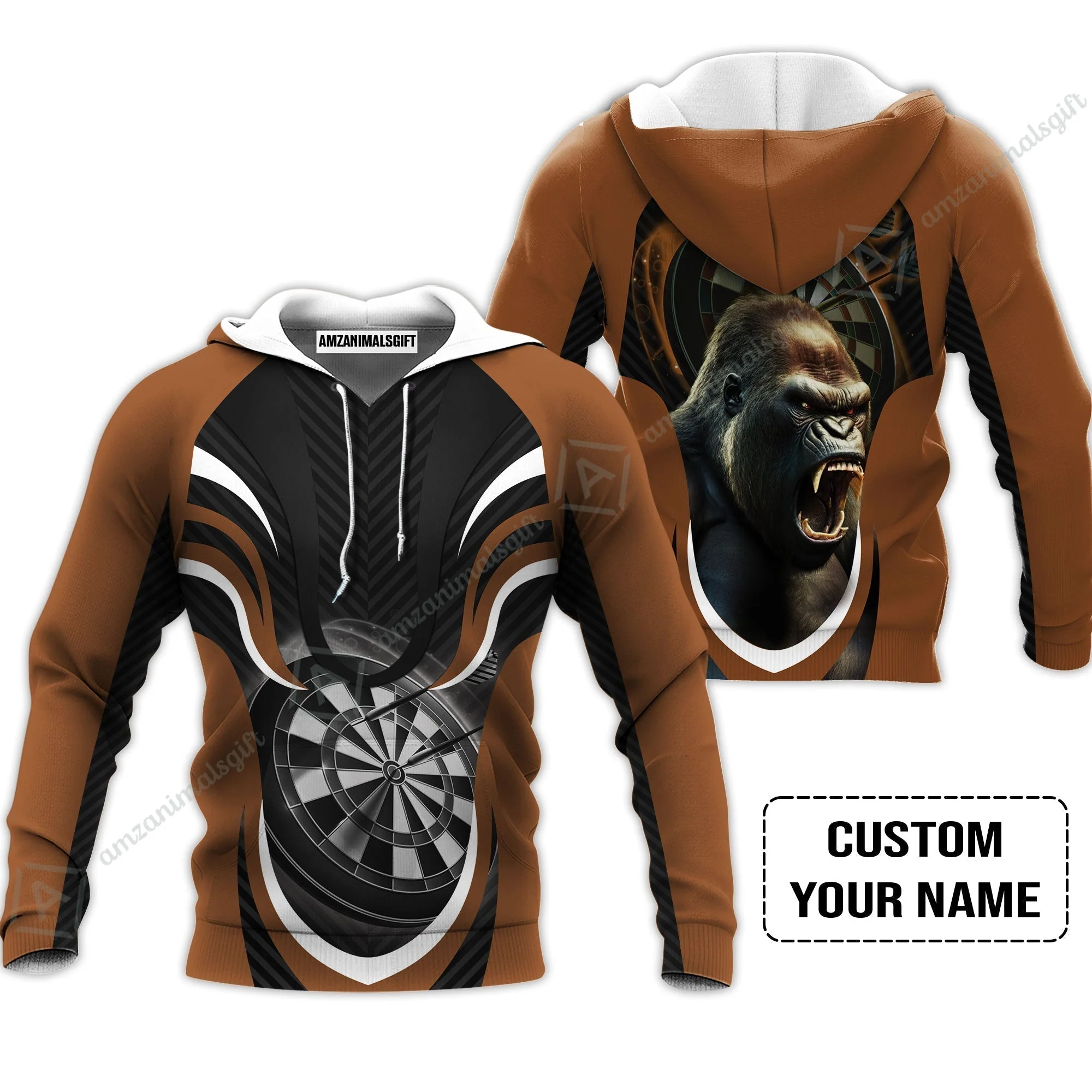 Gorilla And Darts Custom Name Hawaiian Shirt, Bullseye Dartboard Brown Personalized Hawaiian Shirt - Image 4