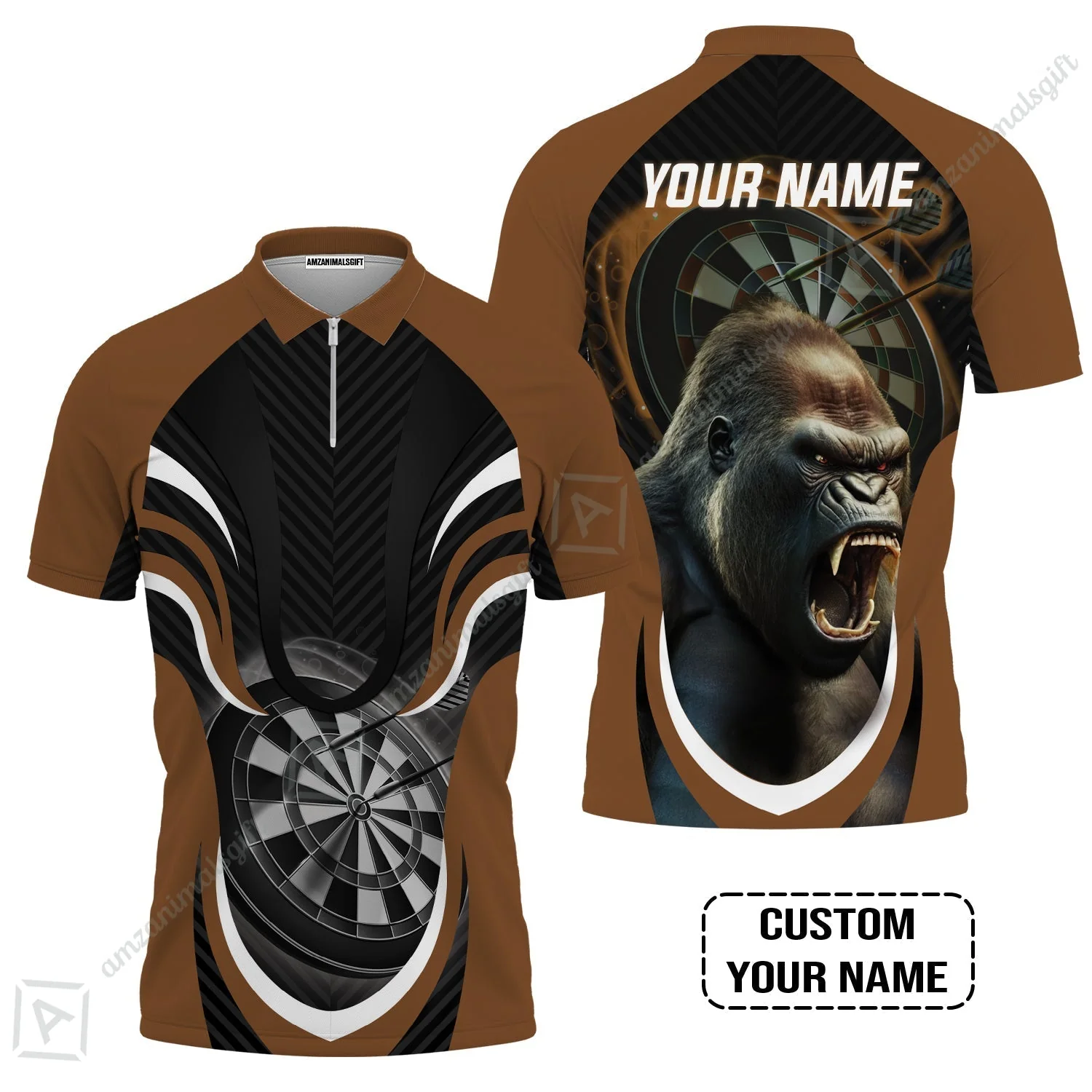 Gorilla And Darts Custom Name Hawaiian Shirt, Bullseye Dartboard Brown Personalized Hawaiian Shirt - Image 5