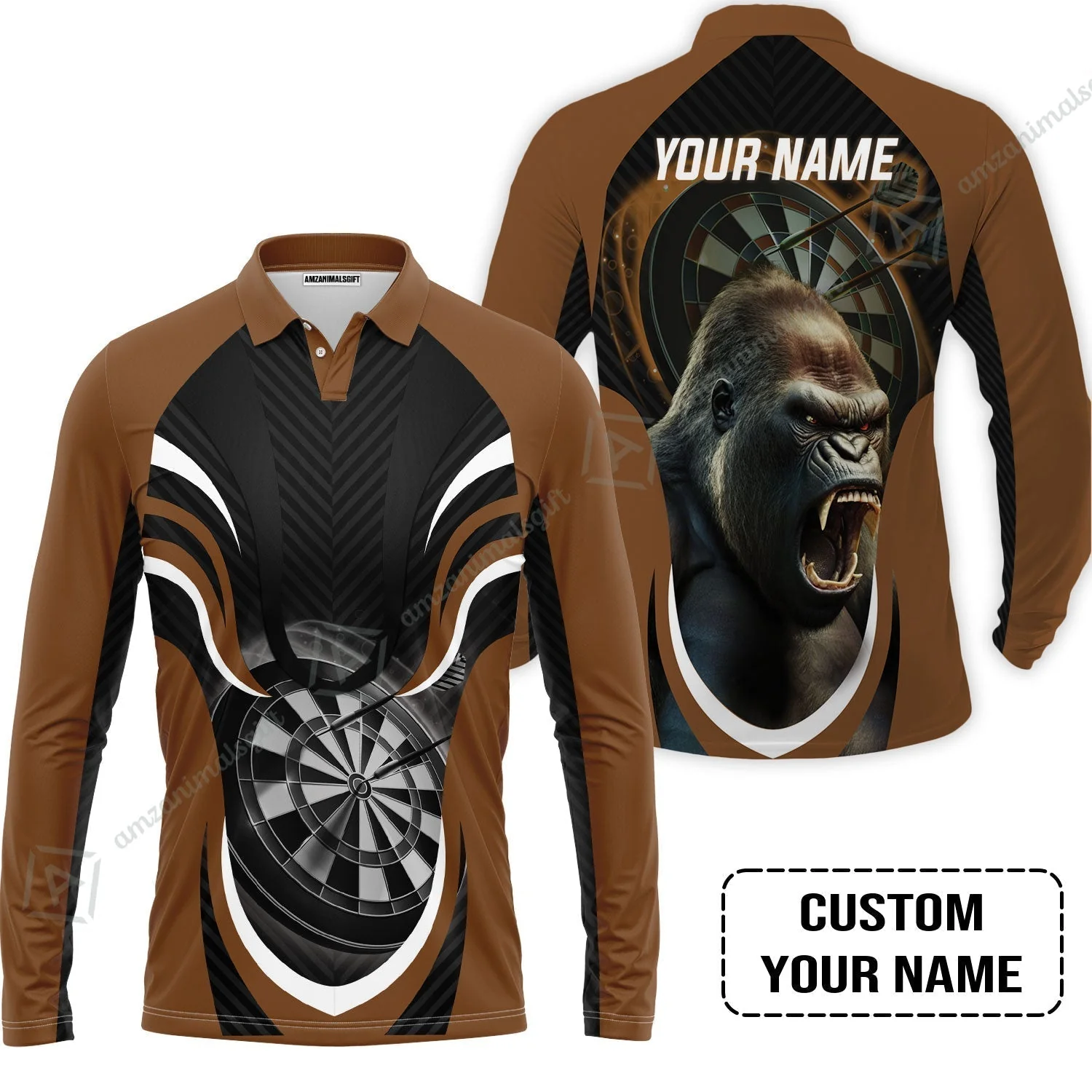 Gorilla And Darts Custom Name Hawaiian Shirt, Bullseye Dartboard Brown Personalized Hawaiian Shirt - Image 6